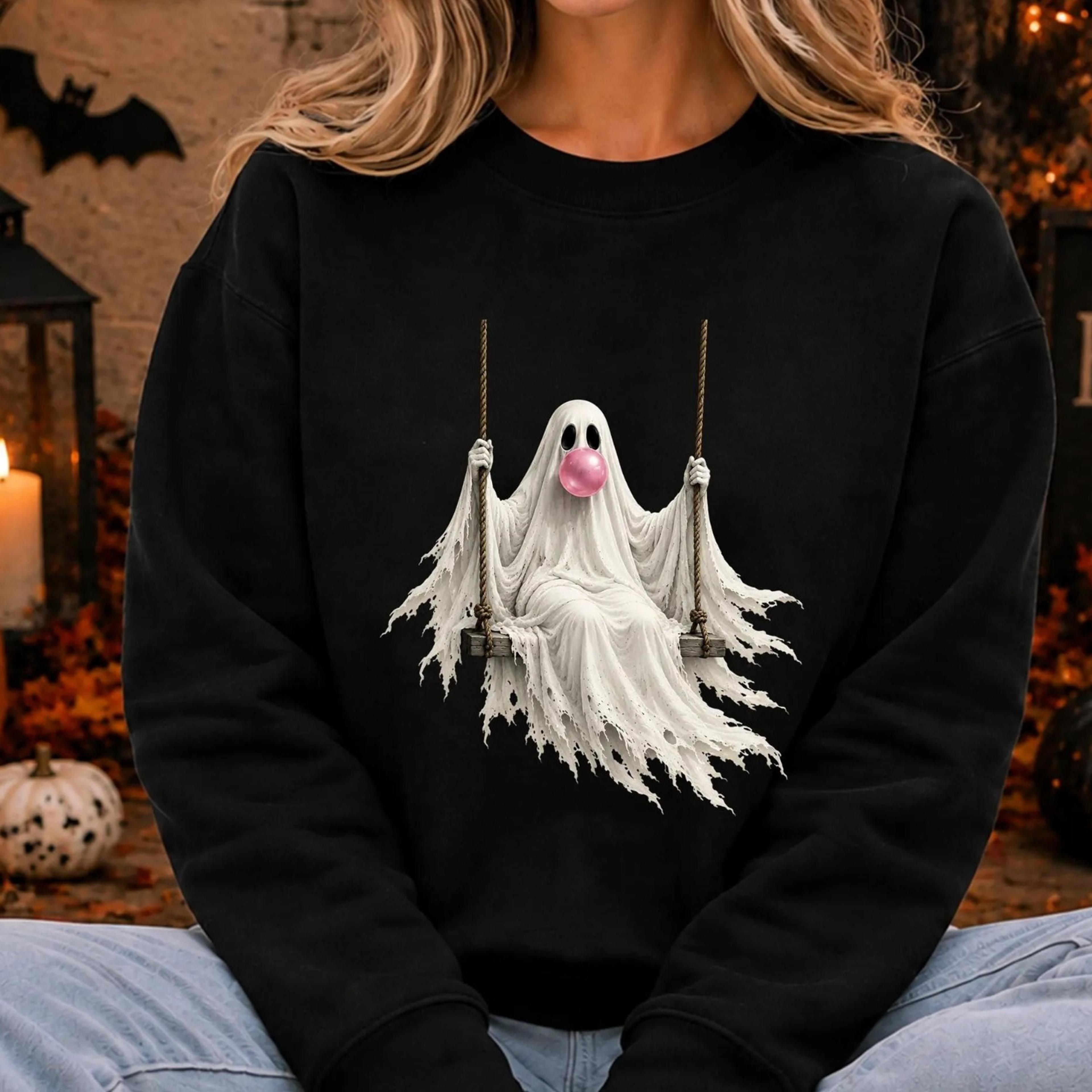 cute ghost sweatshirt, bubblegum ghost on swing crewneck jumper, gothic halloween sweatshirt