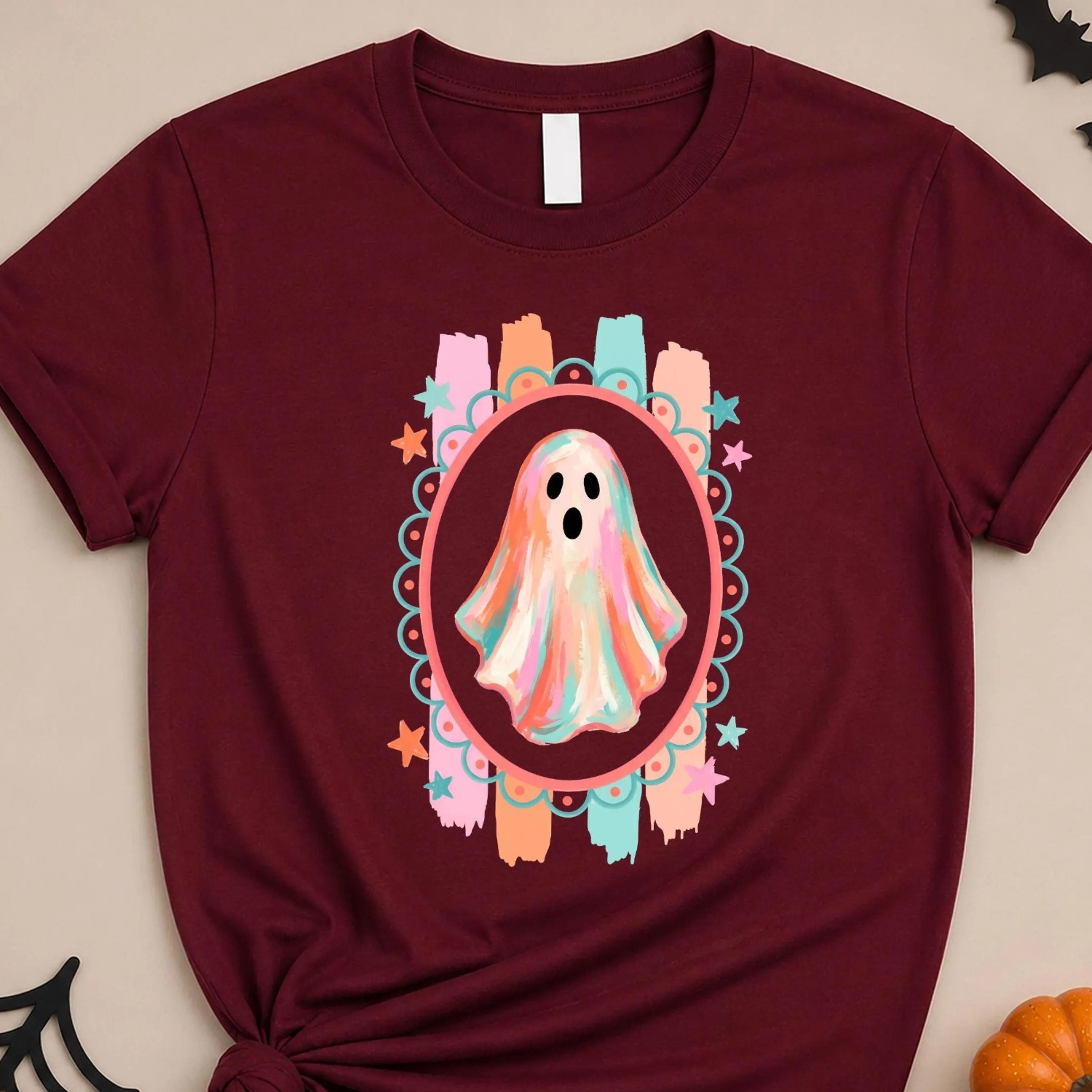 pastel ghost halloween shirt, cute watercolor ghost tee, colorful spooky season shirt, retro fall halloween t shirt