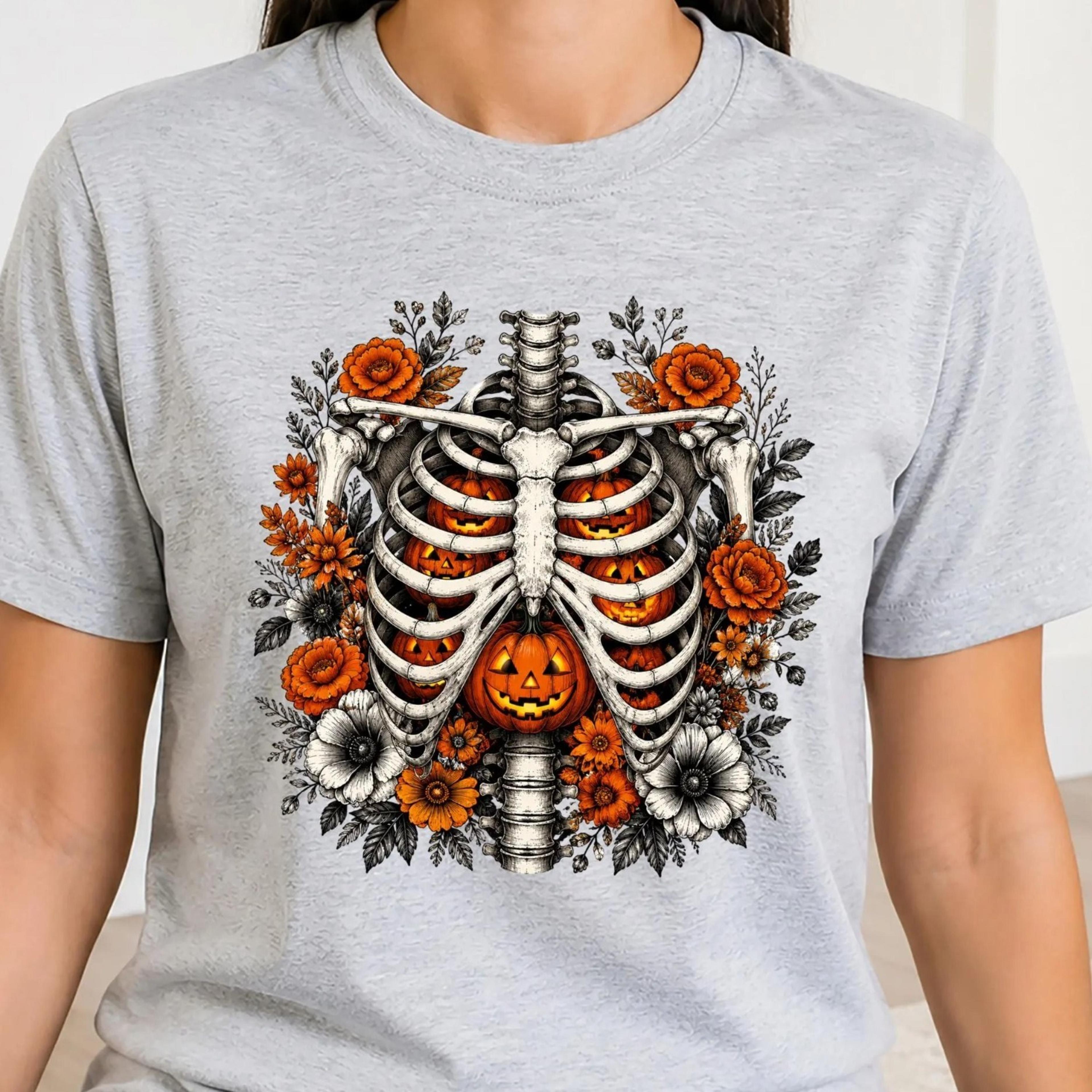 skeleton pumpkin shirt, floral rib cage halloween tee, gothic fall flower top, spooky skeleton shirt