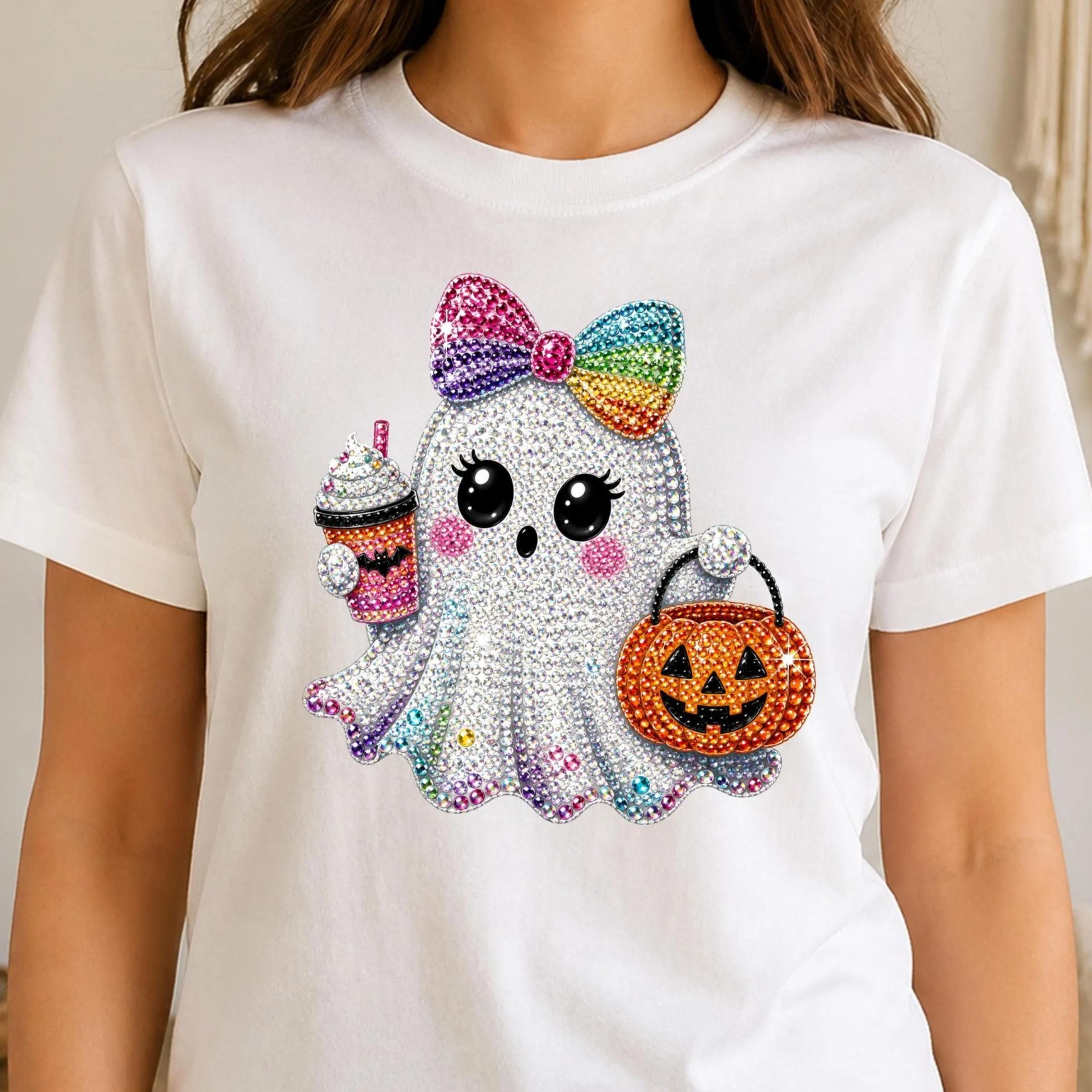 faux rhinestone ghost shirt, bling halloween tee, cute sparkle ghost top, glam spooky season shirt, halloween