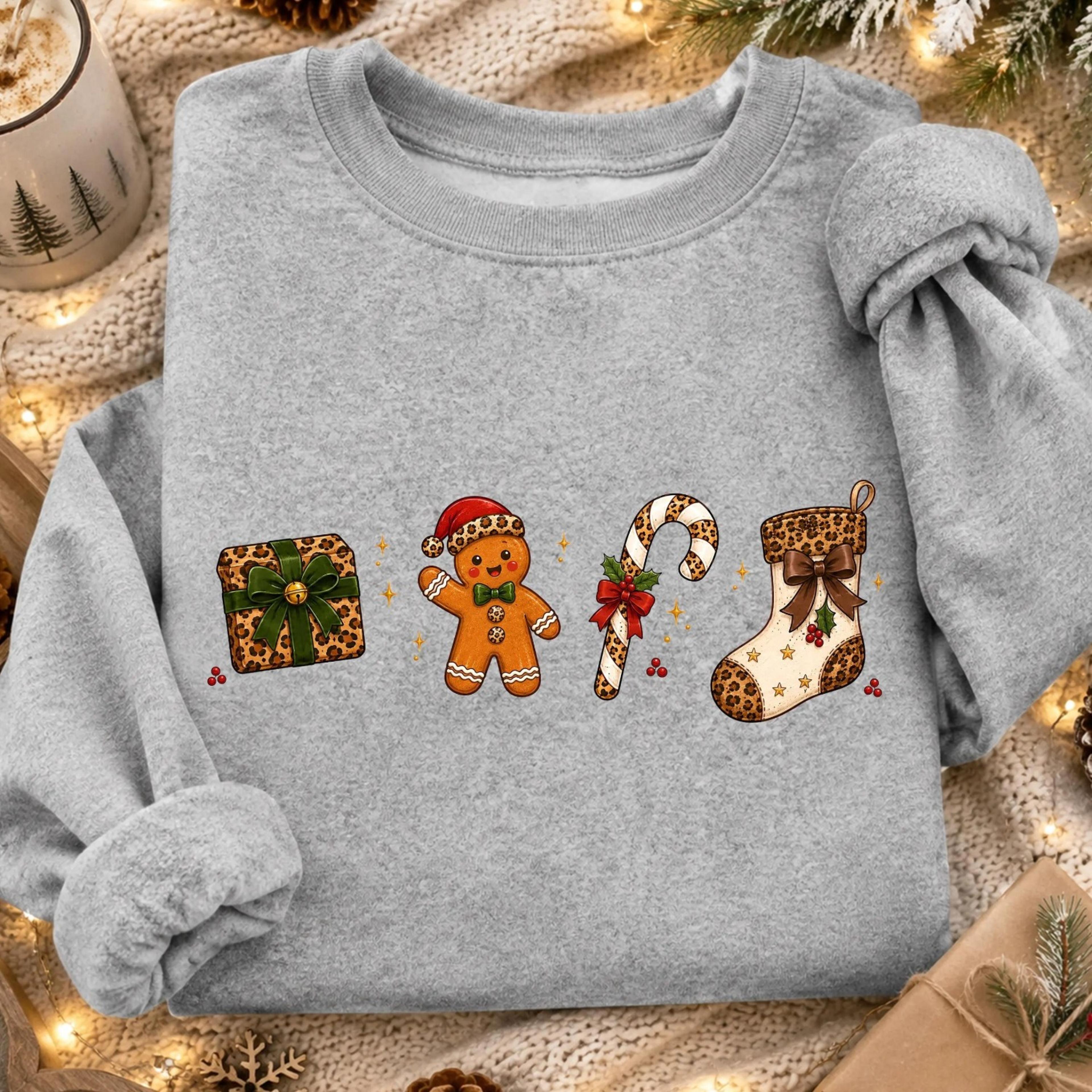 leopard christmas sweatshirt, cute gingerbread crewneck, christmas icons xmas sweater