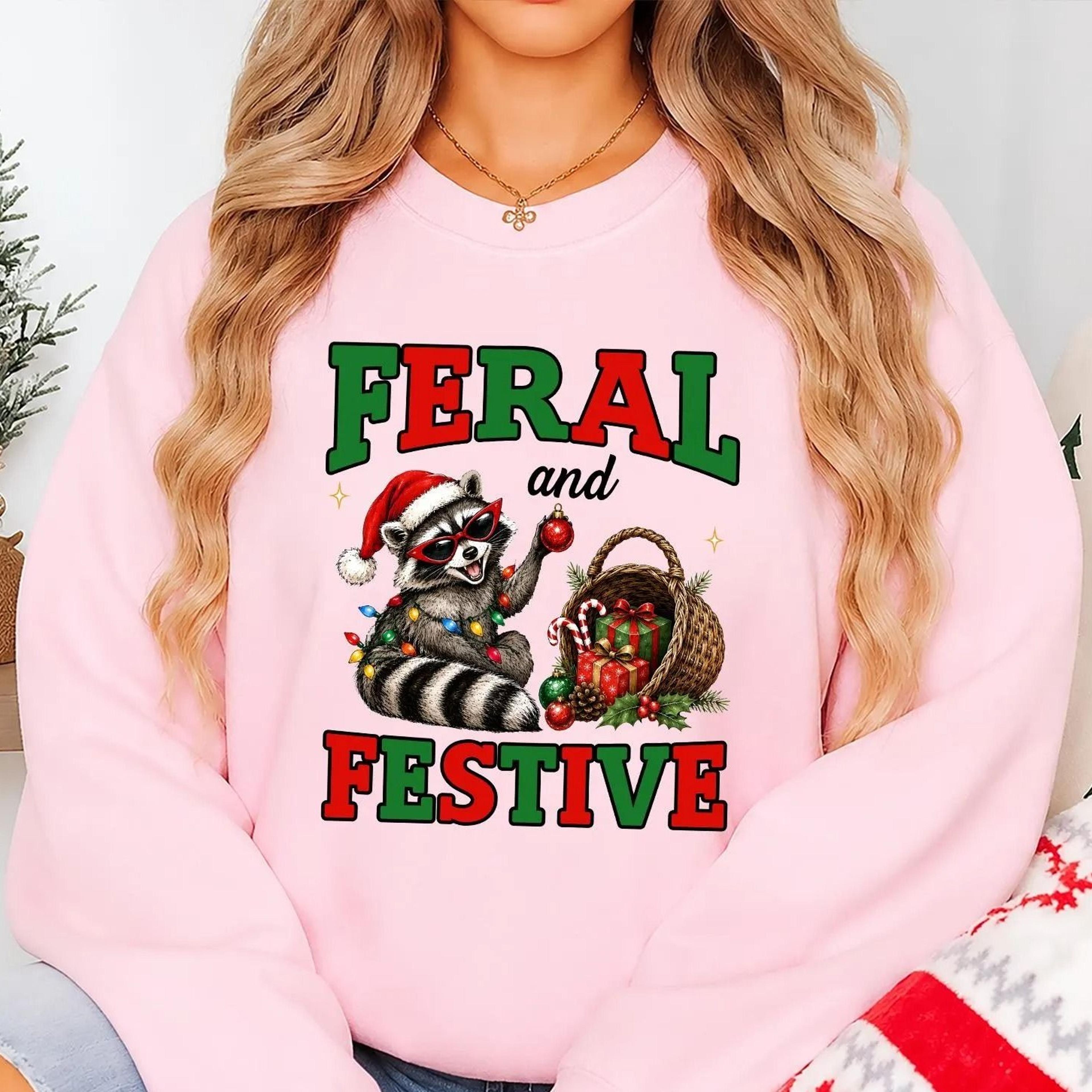 feral and festive sweatshirt, funny raccoon christmas crewneck, trash panda xmas sweater,