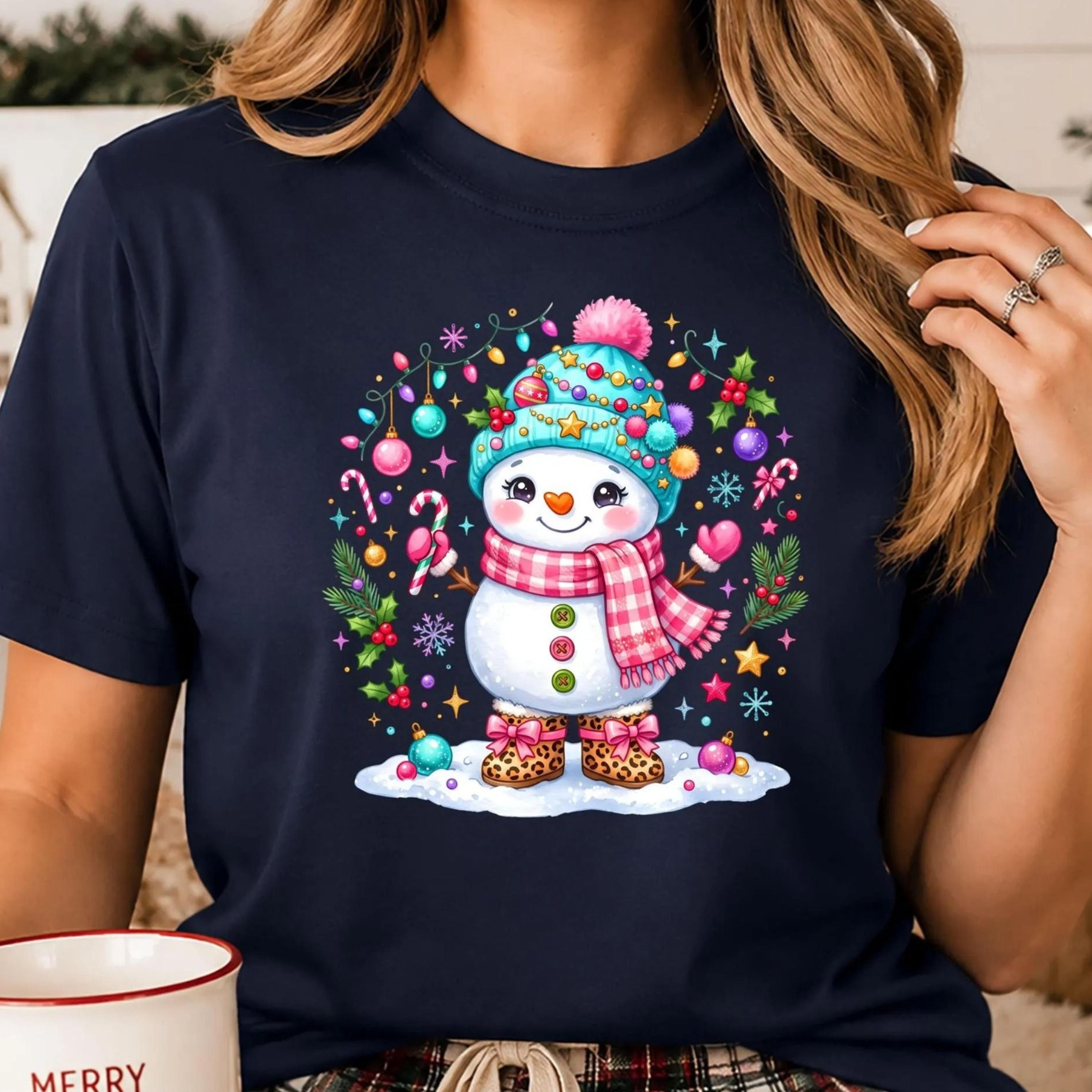 cute snowman christmas shirt, colorful snowman tee, pink christmas shirt, womens holiday shirt, christmas gift