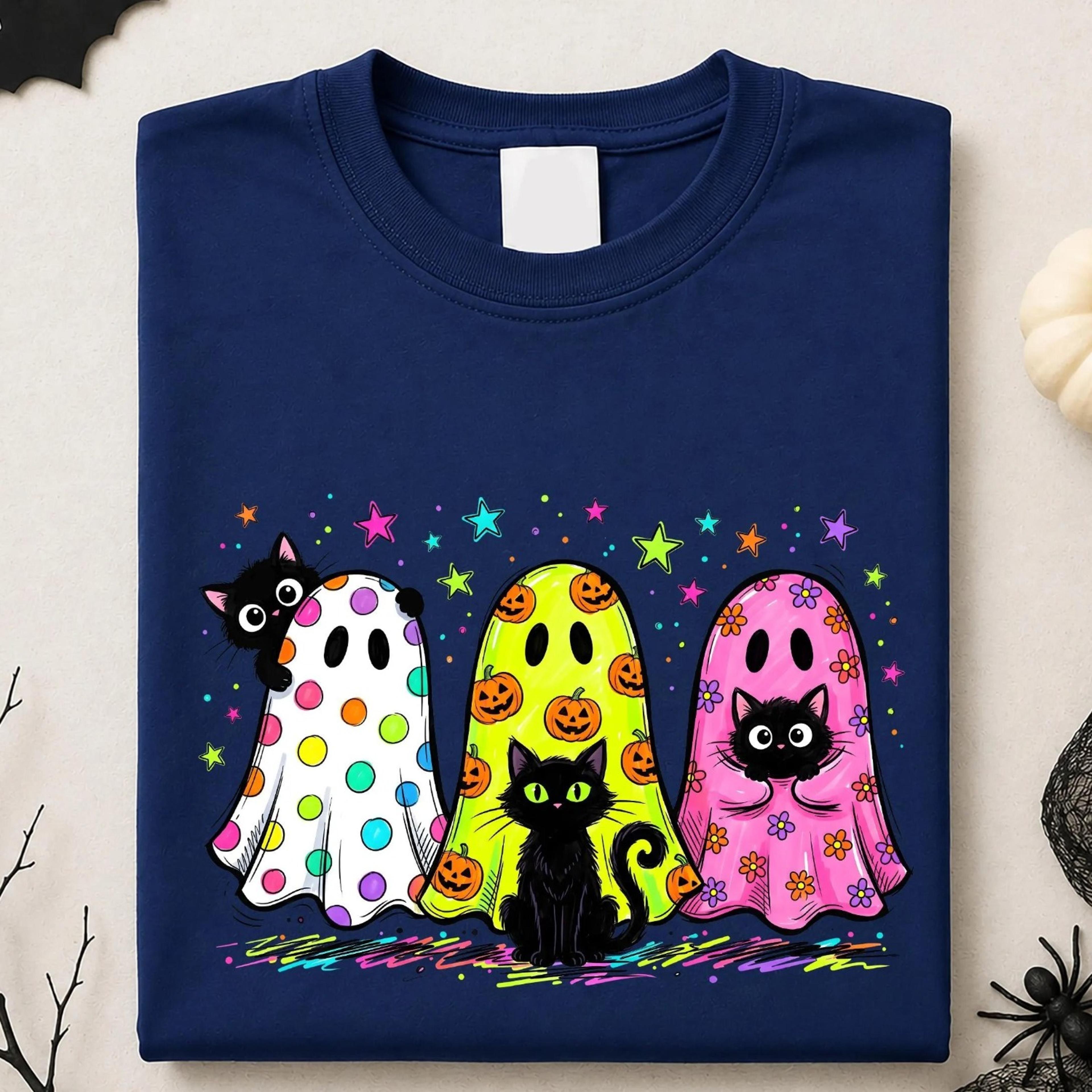cute ghost black cat halloween shirt, colorful ghost tee, retro halloween cat shirt, spooky season shirt
