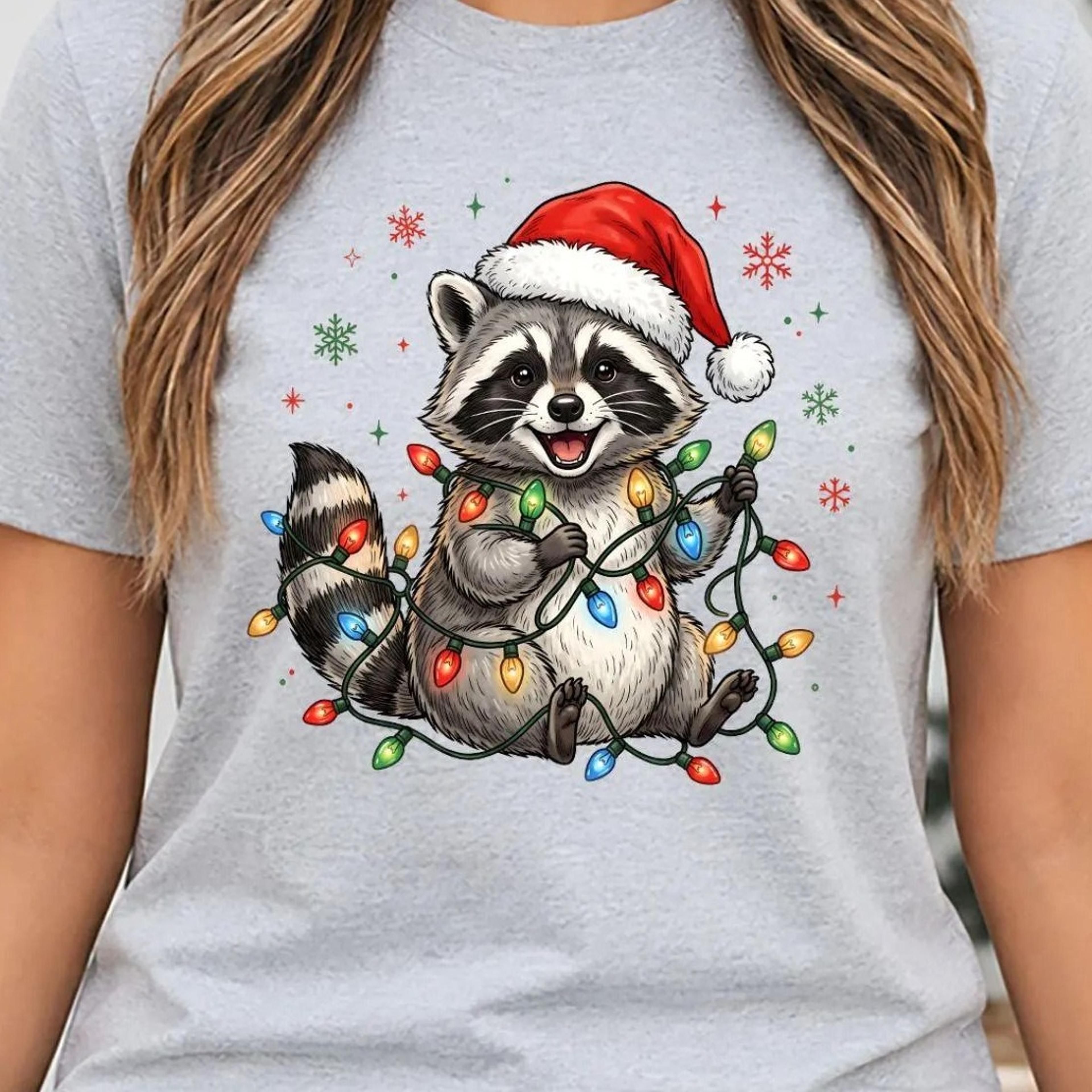 christmas raccoon shirt, cute santa hat raccoon tee, funny xmas lights raccoon shirt, holiday animal tee