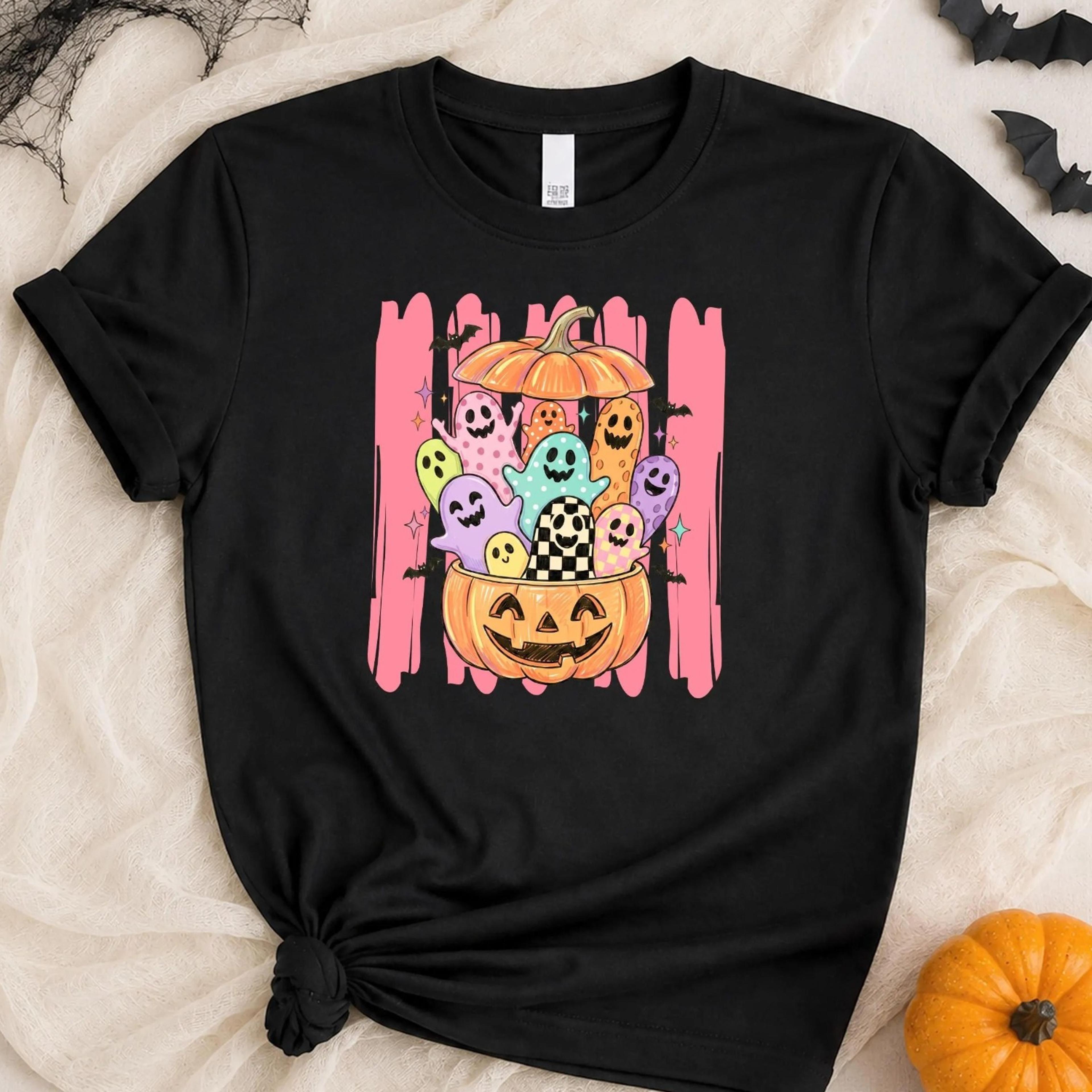 cute pastel ghost halloween shirt, colorful pumpkin ghost tee, retro spooky season shirt, womens halloween tee