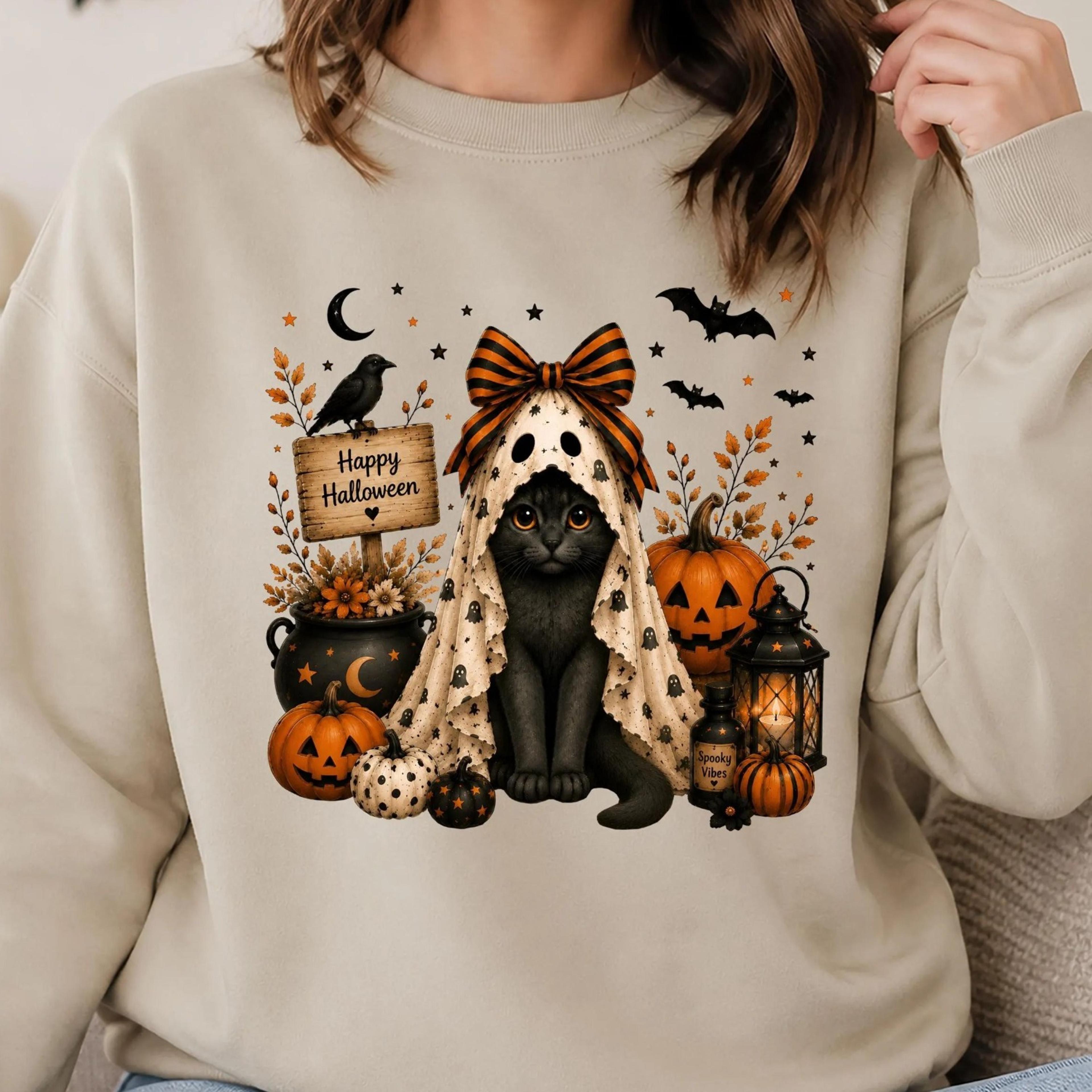 happy halloween black cat sweatshirt, cute ghost cat crewneck, spooky pumpkin sweater, cat lover halloween