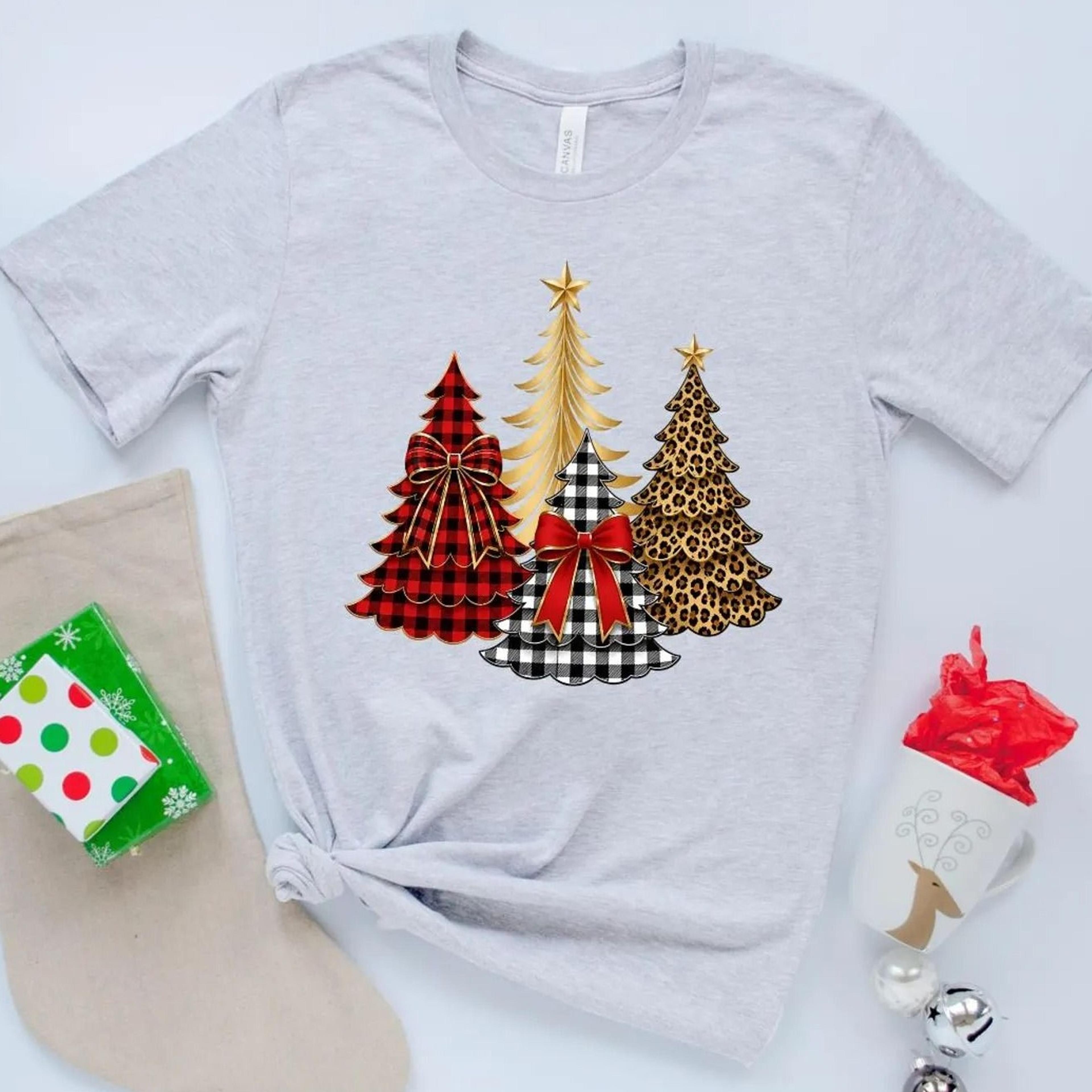 christmas tree shirt, matching family christmas shirt, buffalo plaid xmas tee, leopard print holiday shirt