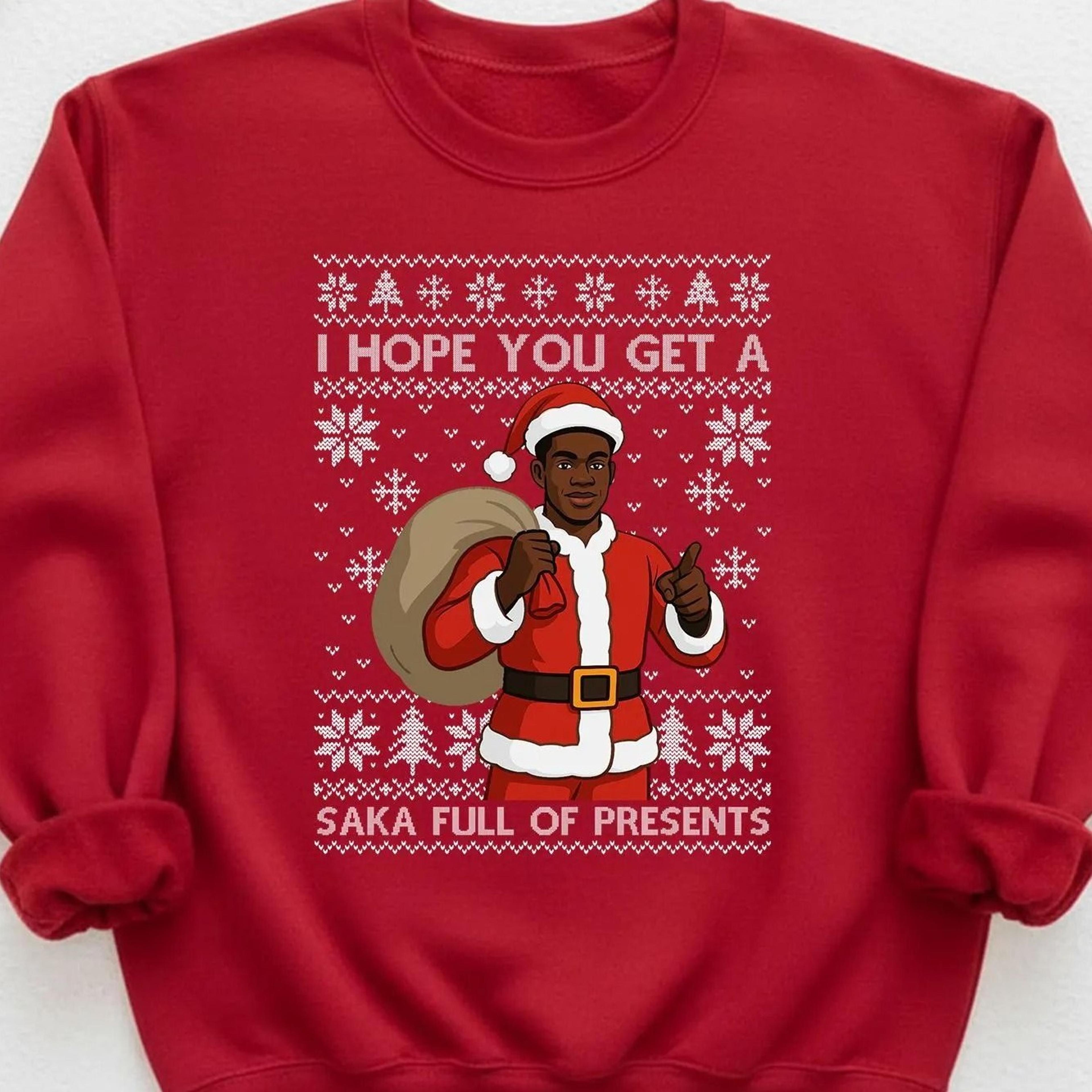 bukayo saka christmas sweatshirt, funny arsenal chrismas jumper, saka full of present football sweater