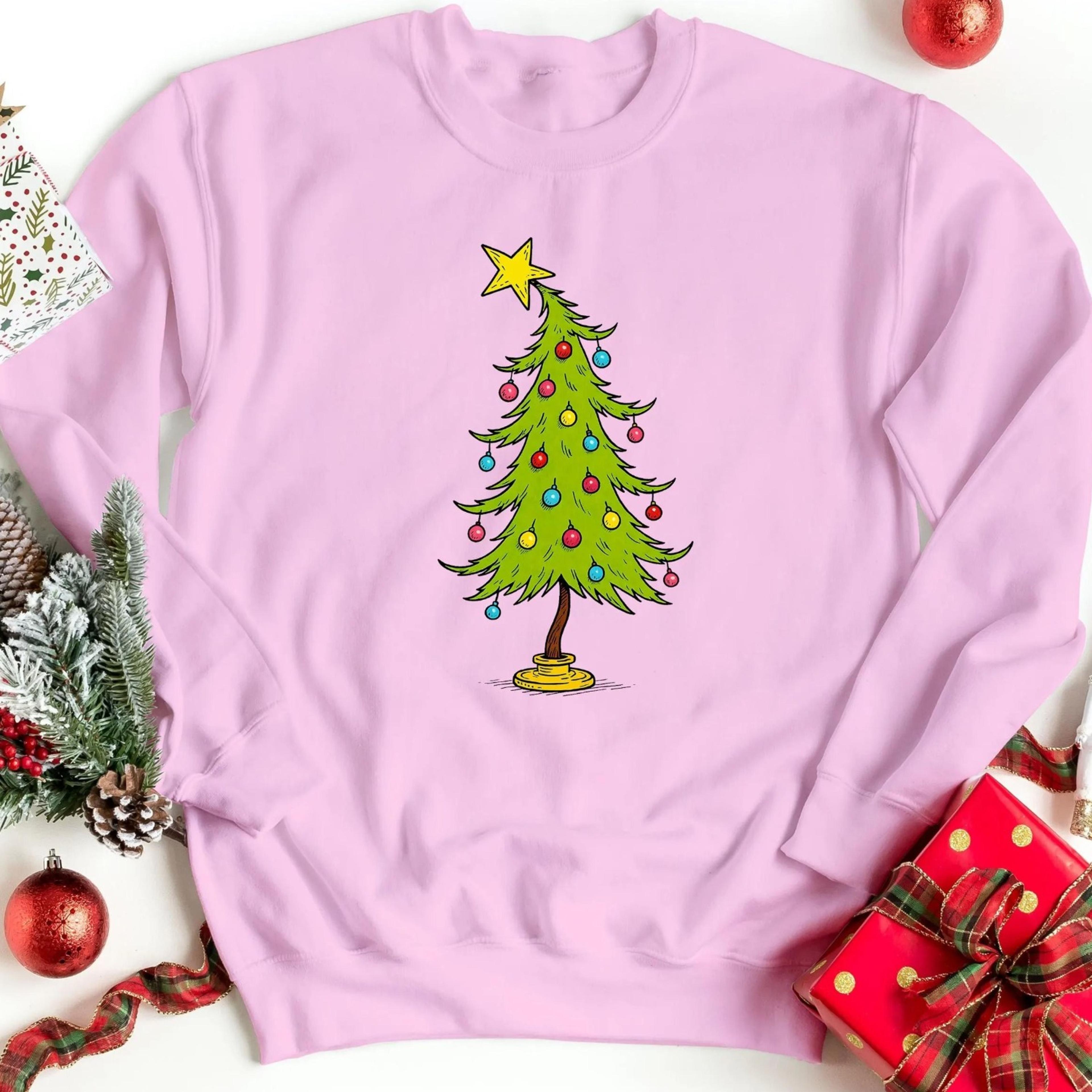 cute whimsical tree sweatshirt, holiday lights crewneck, retro christmas tree jumper, festive winter tree