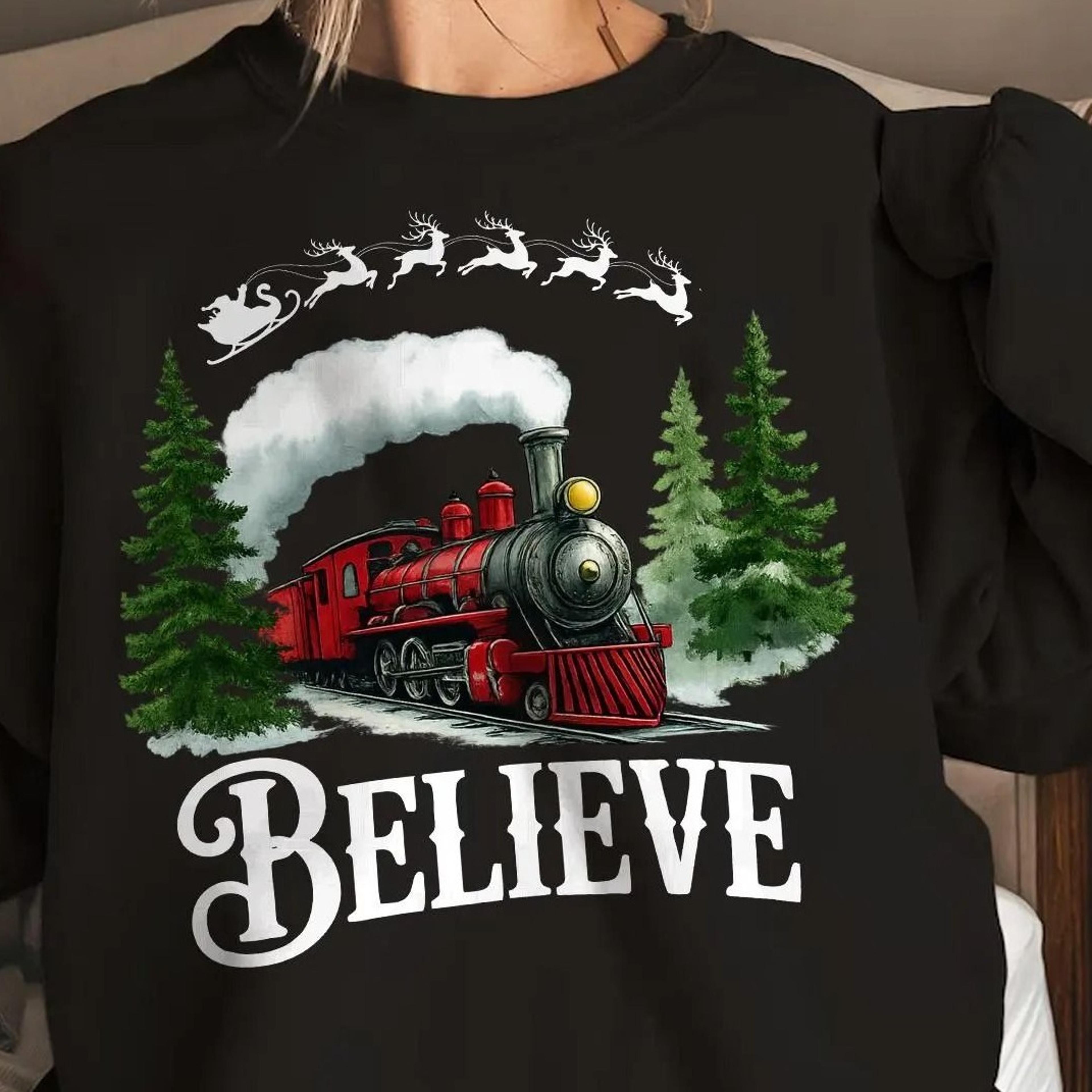 polar express christmas sweatshirt, believe in santa jumper, all aboard xmas sweater