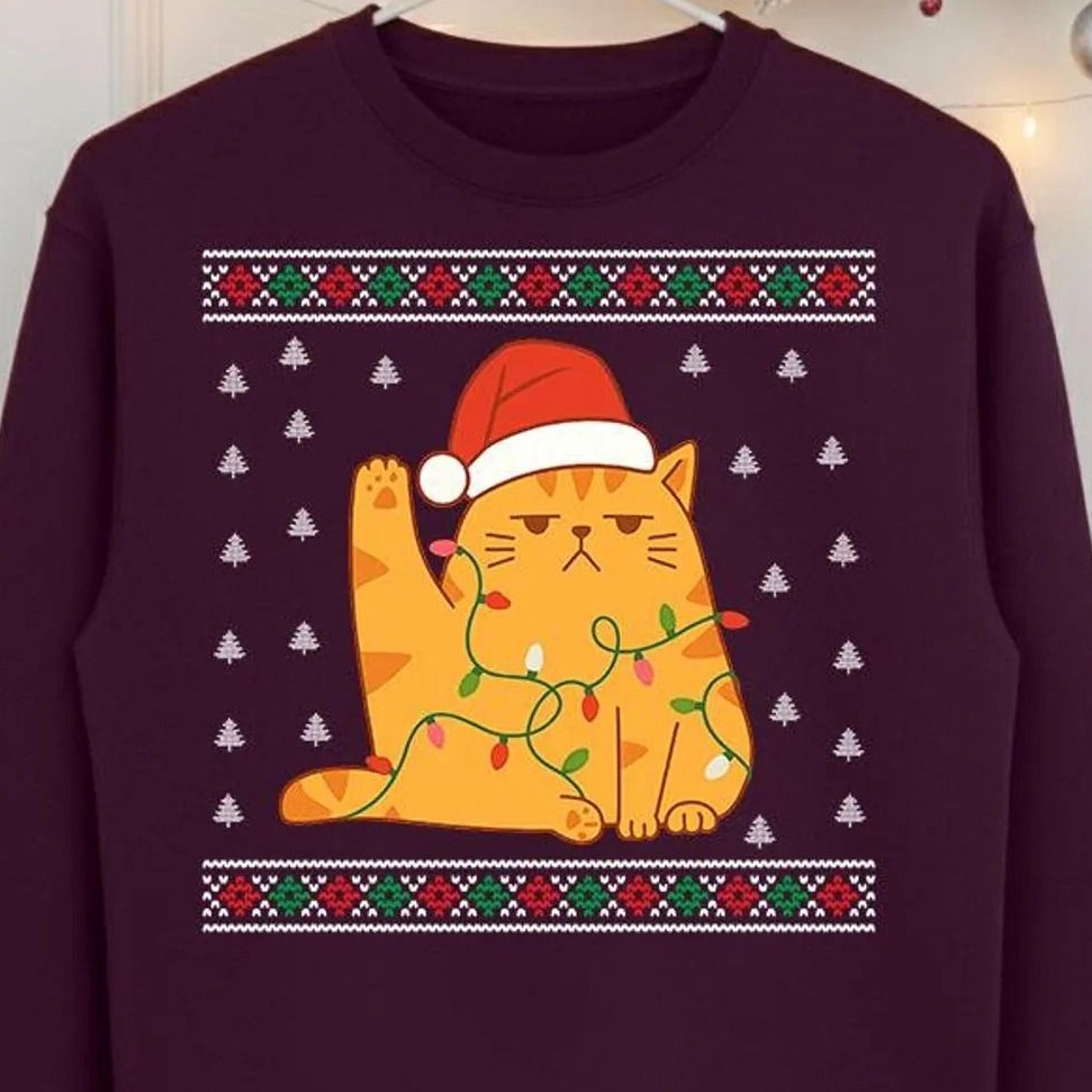 cat ugly christmas sweater, funny cat sweatshirt for kids & adults, cute xmas jumper, cat lover