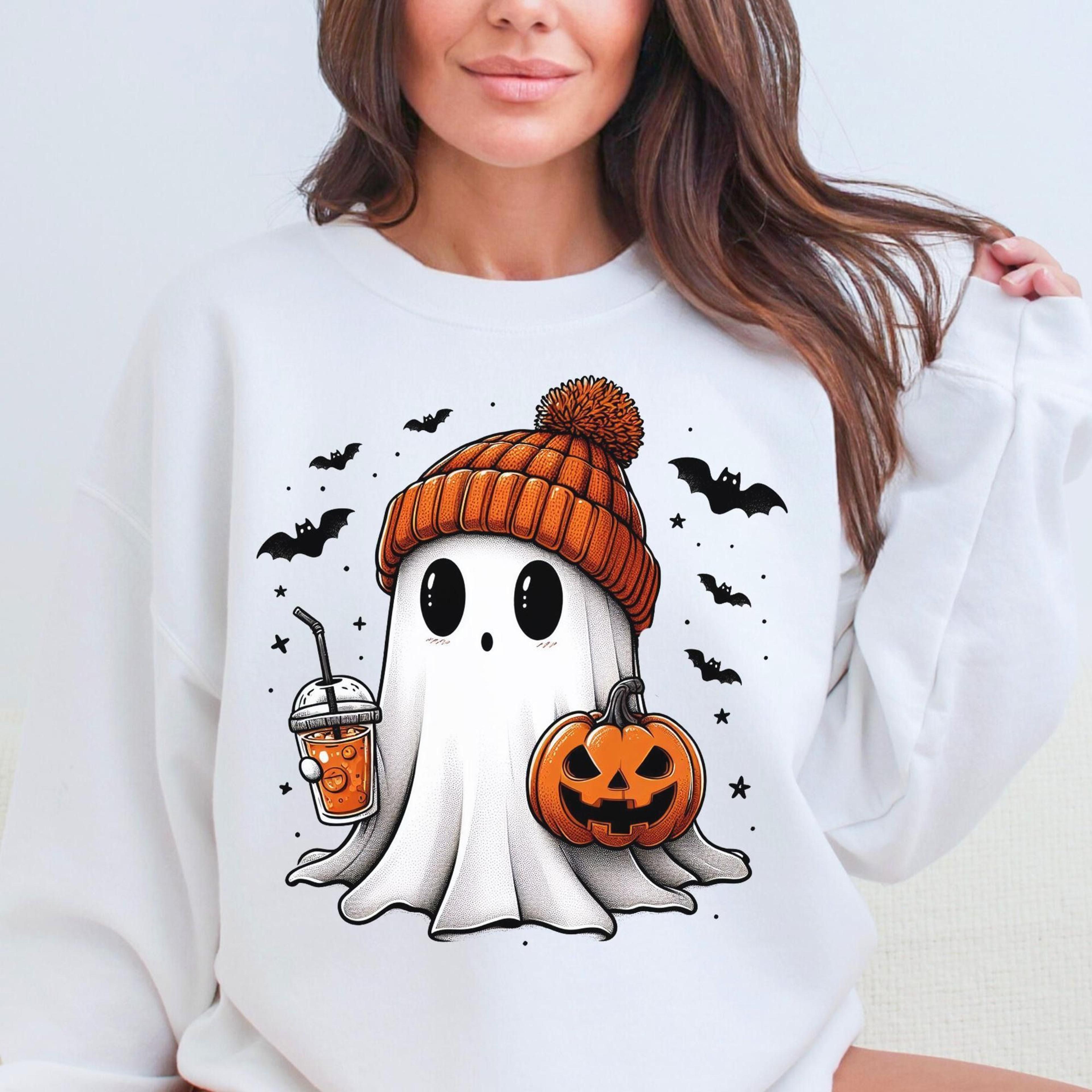 cute ghost halloween sweatshirt, fall pumpkin ghost shirt, spooky season aesthetic tee, autumn cozy crewneck