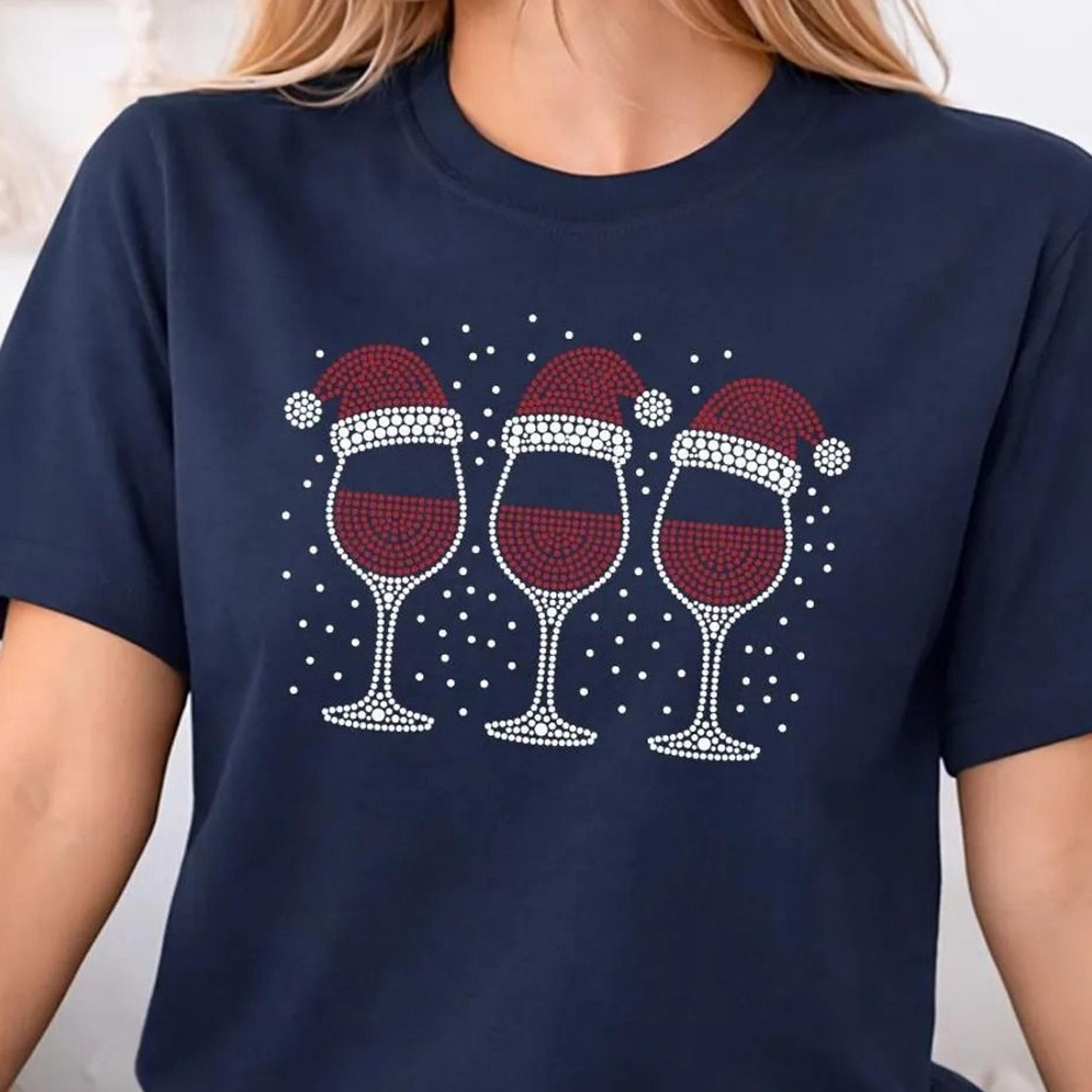 christmas wine shirt, funny wine glass christmas tee, santa hat holiday t shirt, merry wine lover gift, women's festive