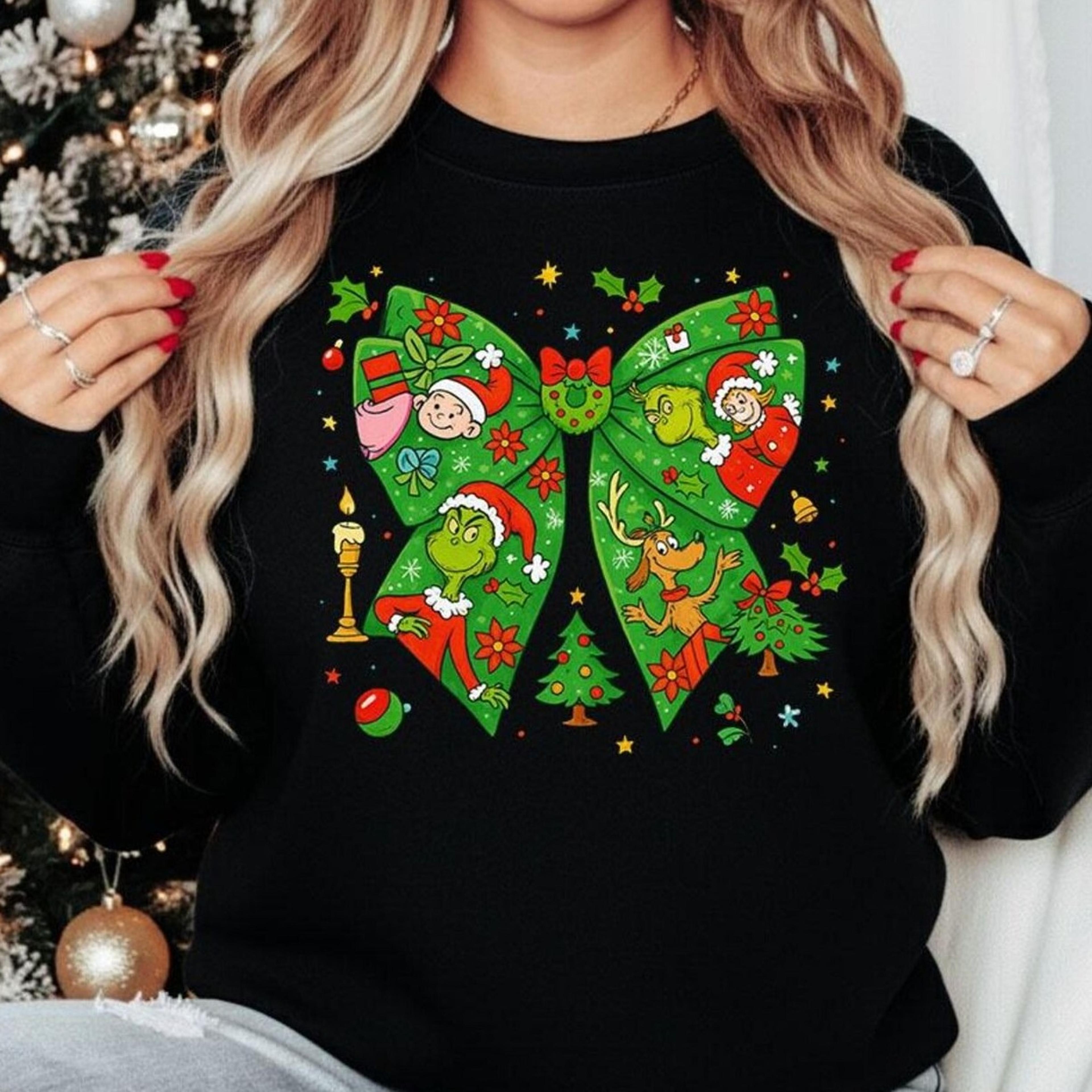 grinch bow christmas jumper, festive grinchmas bow sweatshirt, cute holiday crewneck sweater, fun xmas season gift