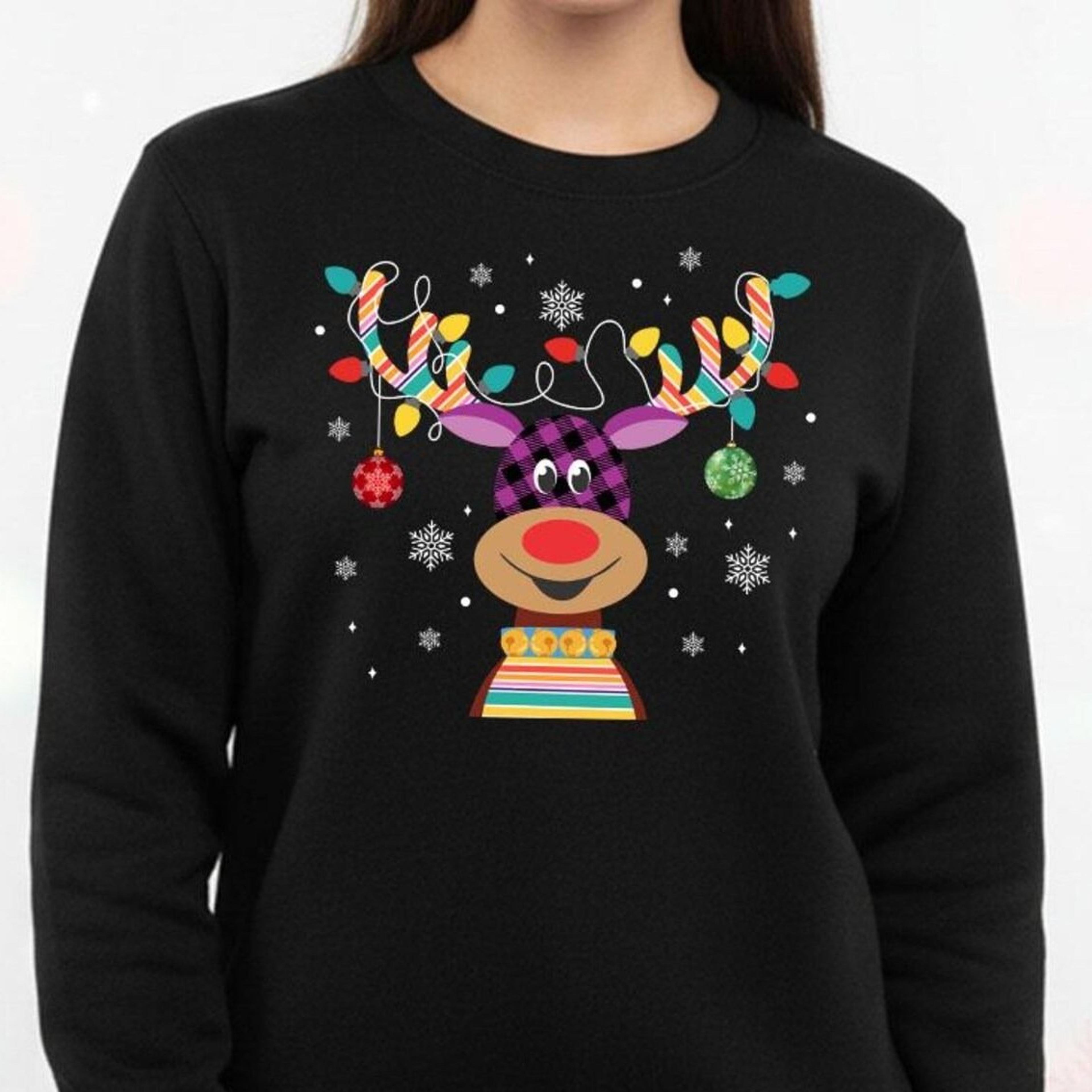 peeping reindeer christmas sweatshirt, christmas lights family xmas tops, merry christmas holiday antler festive