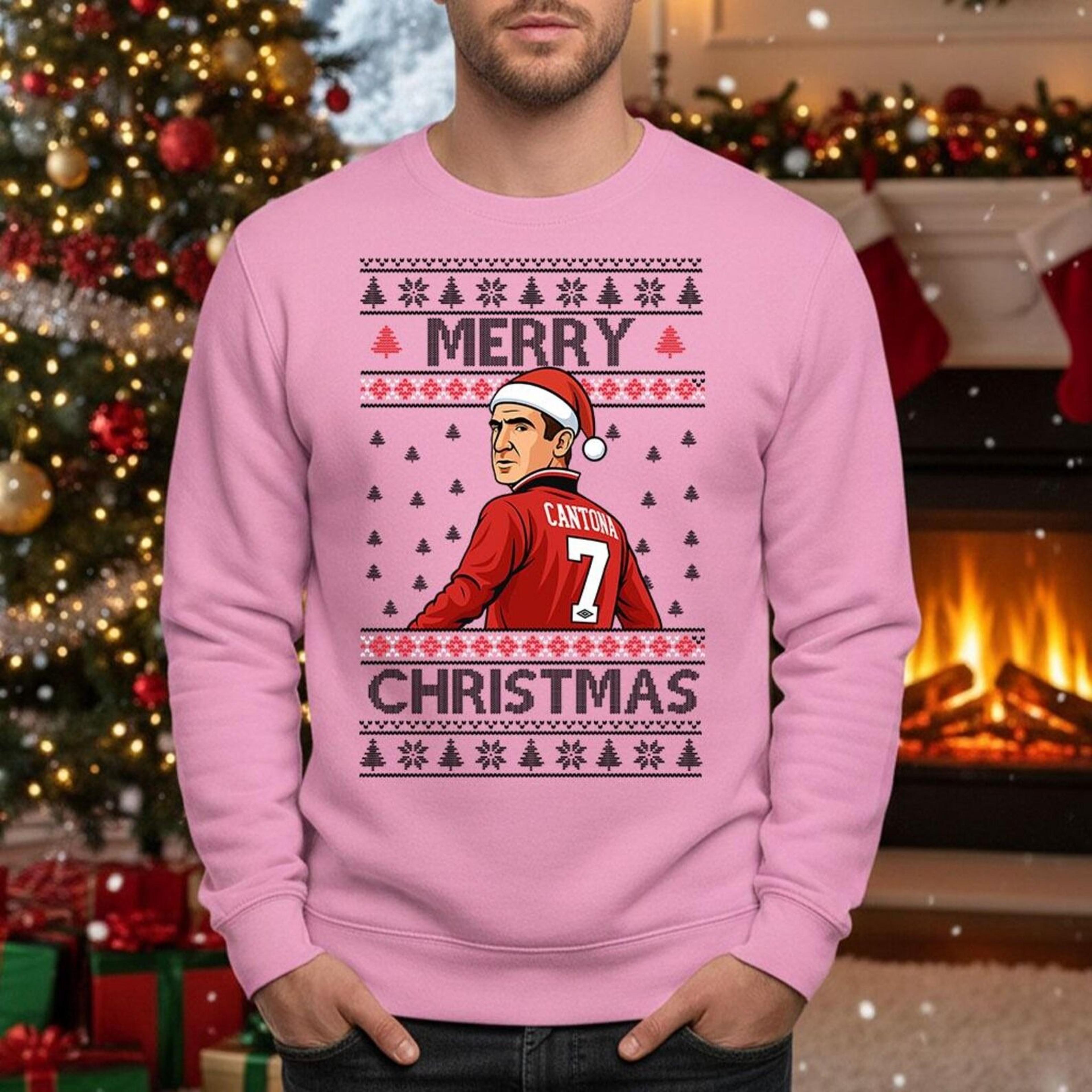 eric cantona manchester united christmas jumper, funny football ugly xmas sweater, retro man utd festive sweater