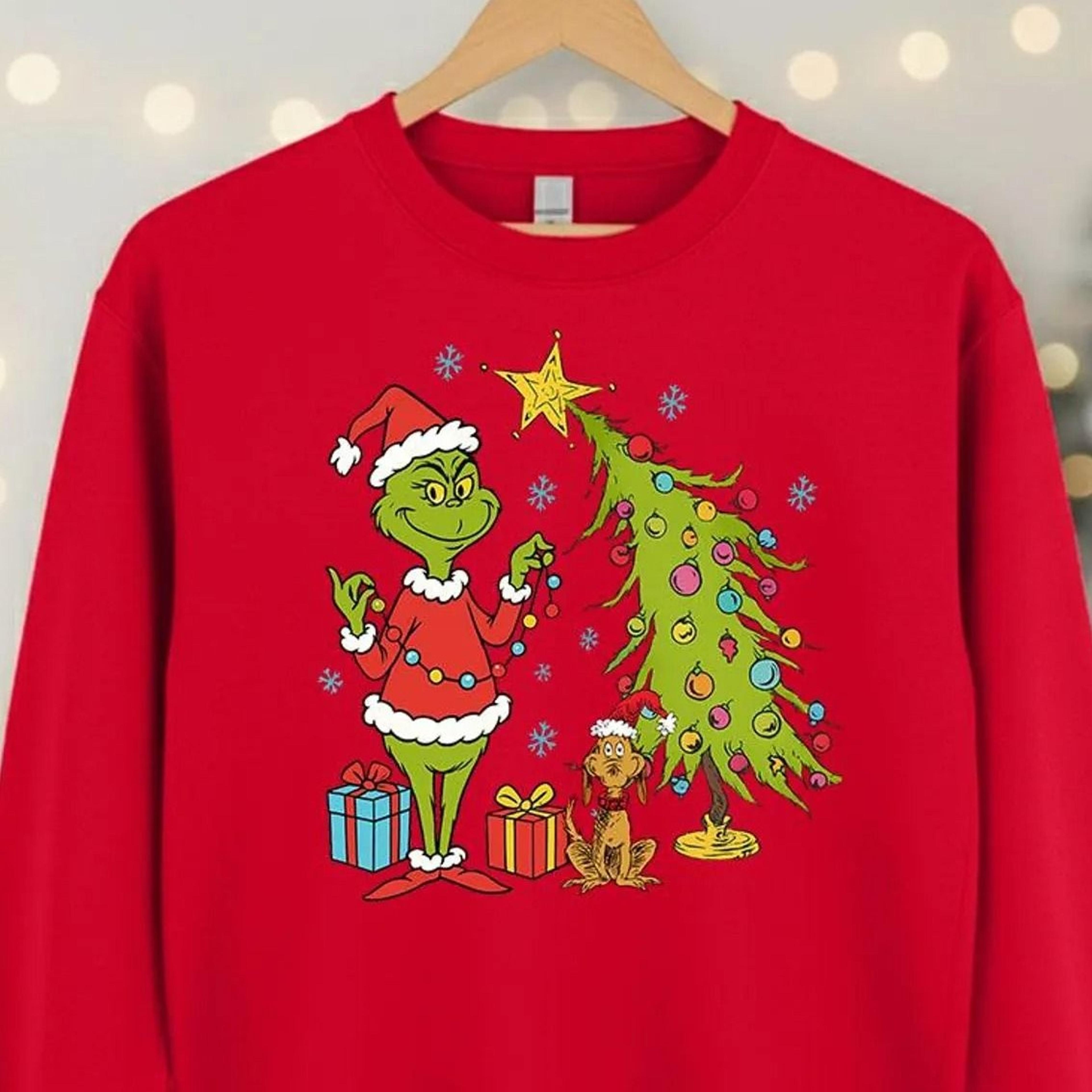 grinch holiday tree jumper, whimsical grinchmas sweatshirt, cute xmas season sweater, festive winter top gift