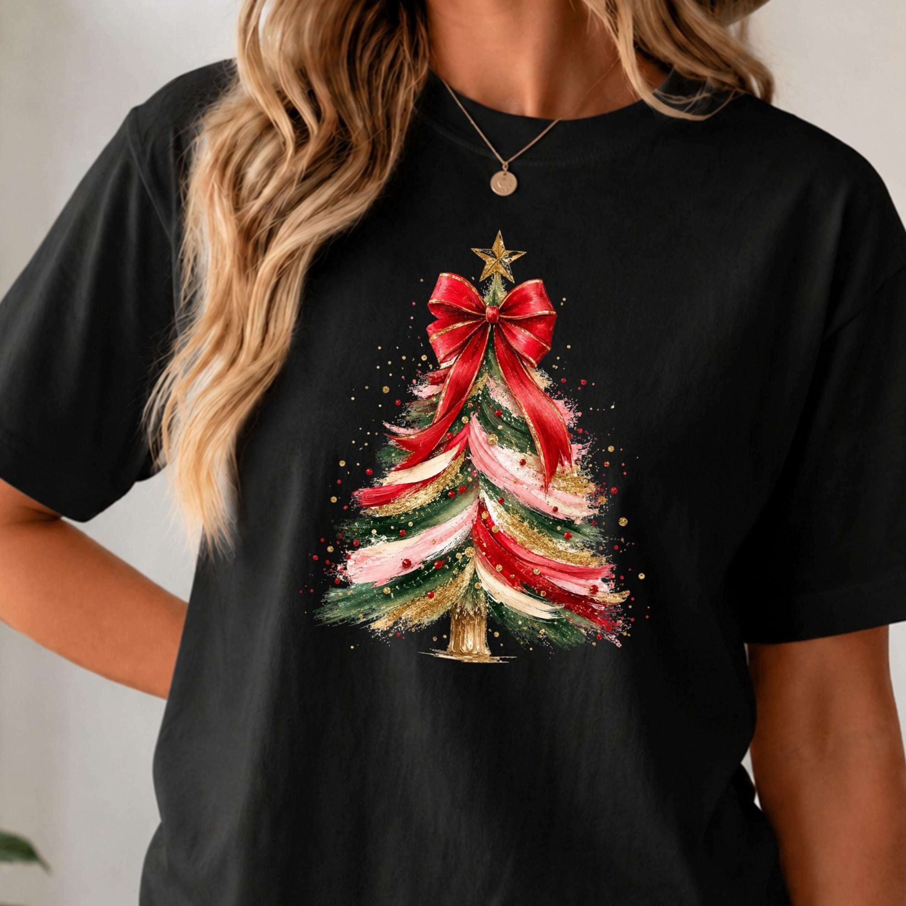 christmas tree shirt, red bow xmas holiday tee, coquette christmas shirt, vintage merry tree shirt