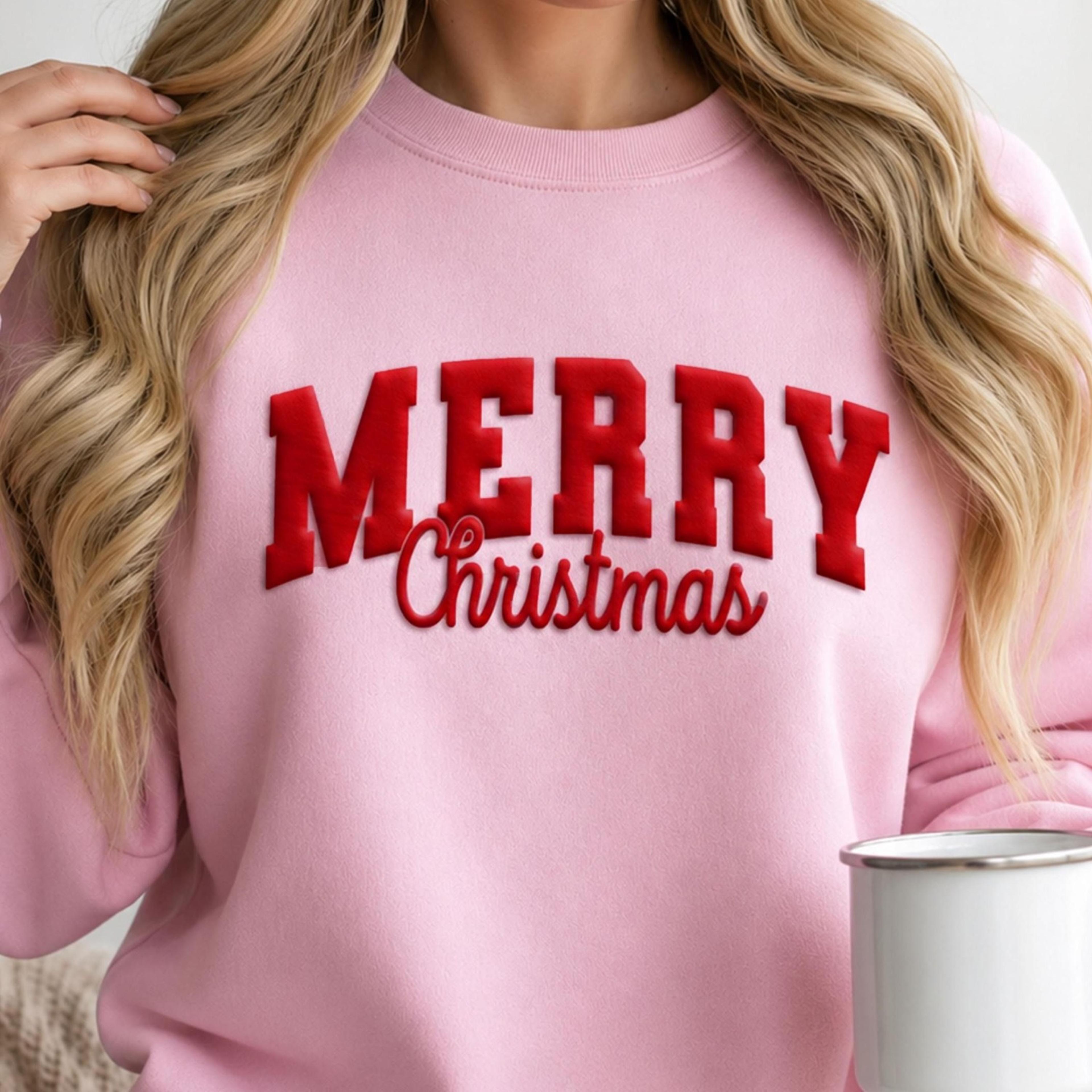 retro merry christmas puff print sweatshirt, embossed christmas sweater