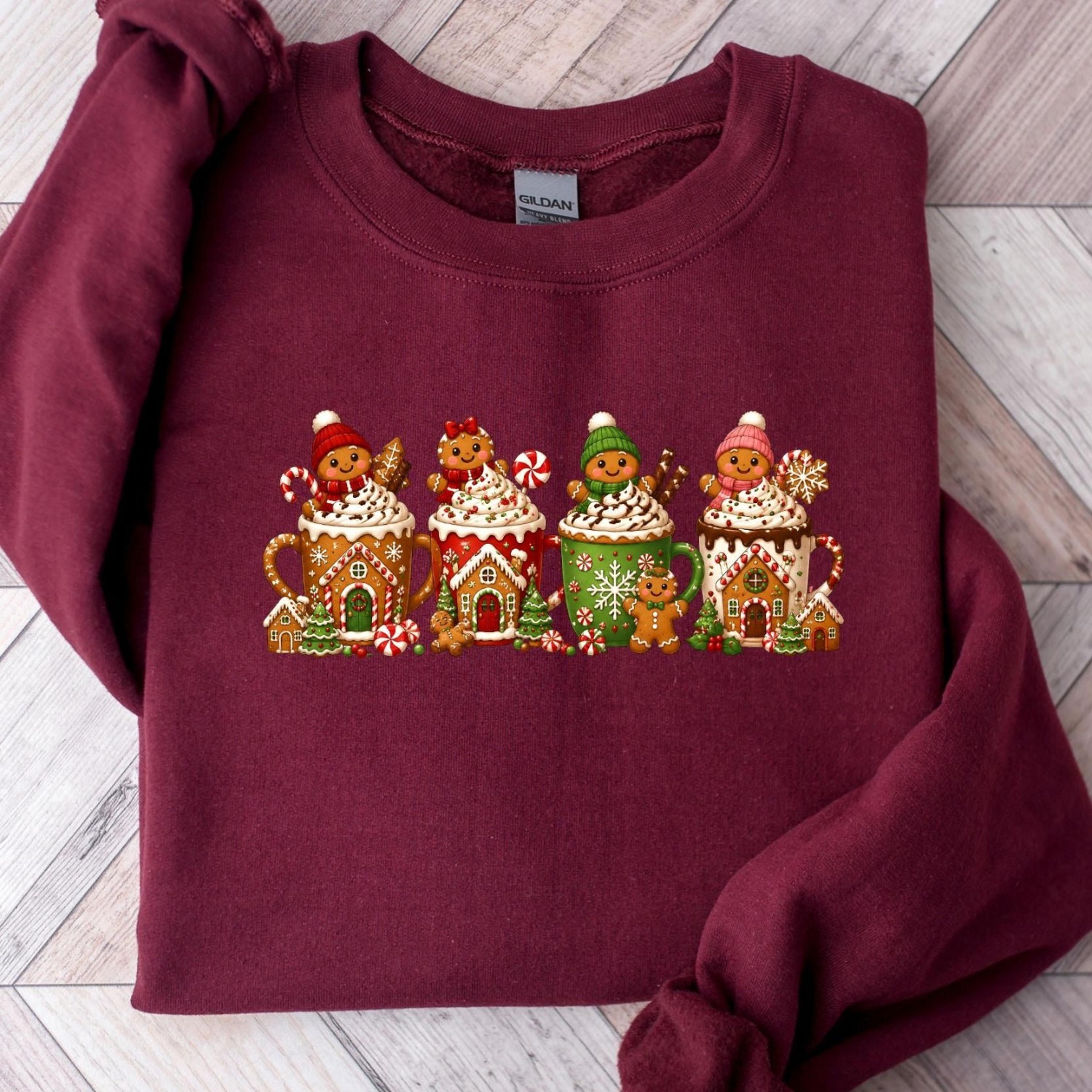 gingerbread christmas sweatshirt, christmas coffee sweatshirt, hot cocoa crewneck, candy cane holiday sweater