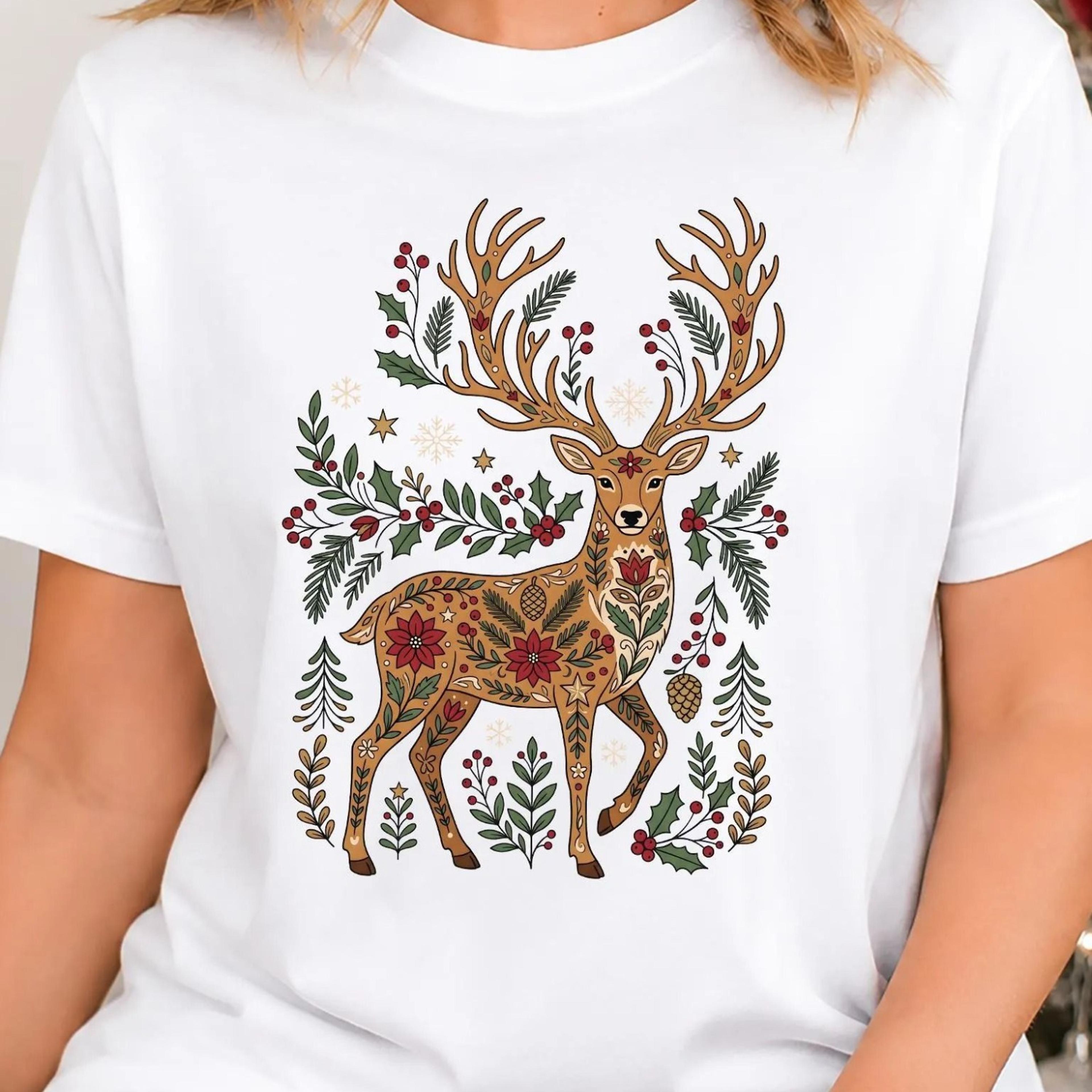 reindeer christmas t shirt, boho deer graphic tee, woodland animal shirt