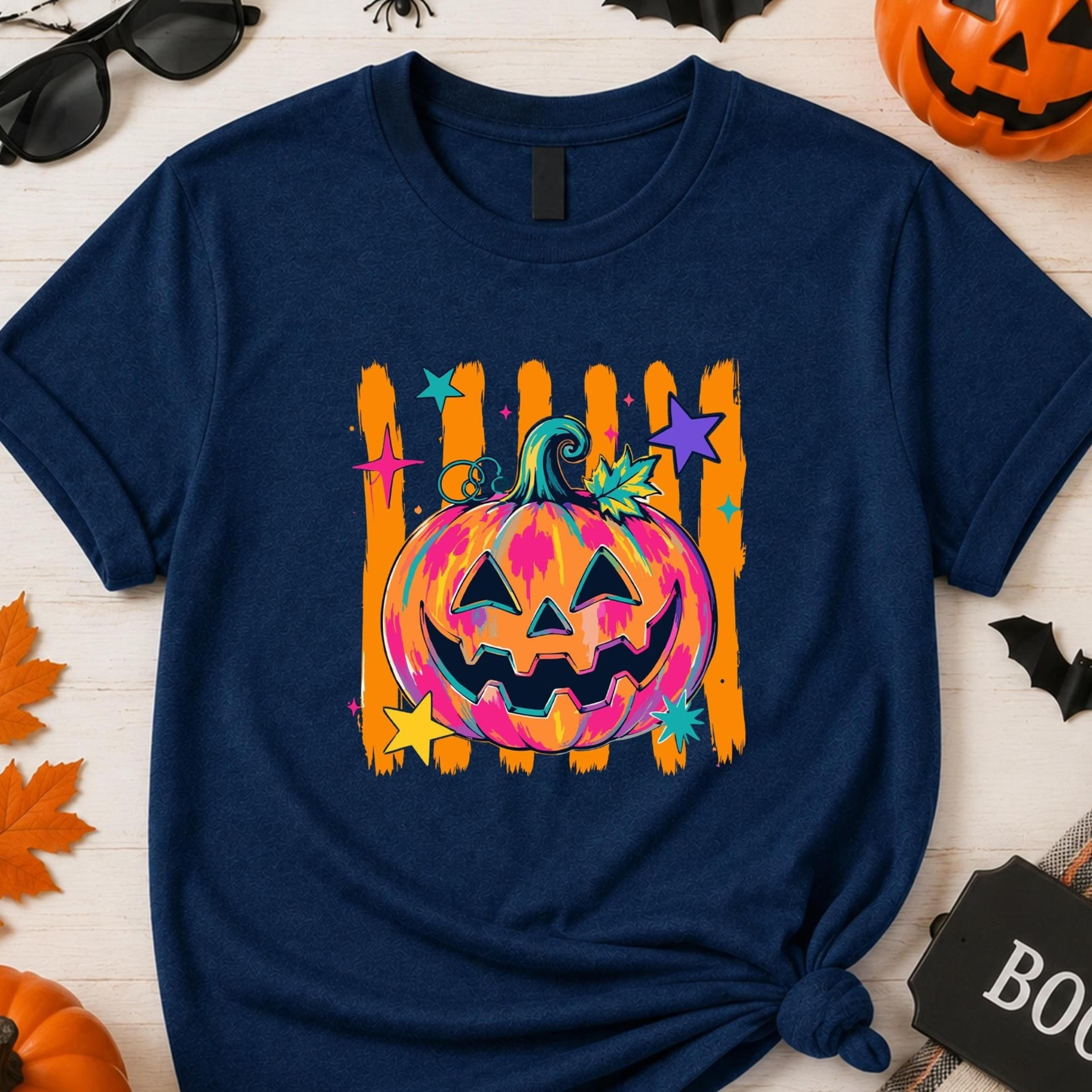 pumpkin halloween shirt, jack o lantern tee, bright retro halloween pumpkin shirt, spooky season tee