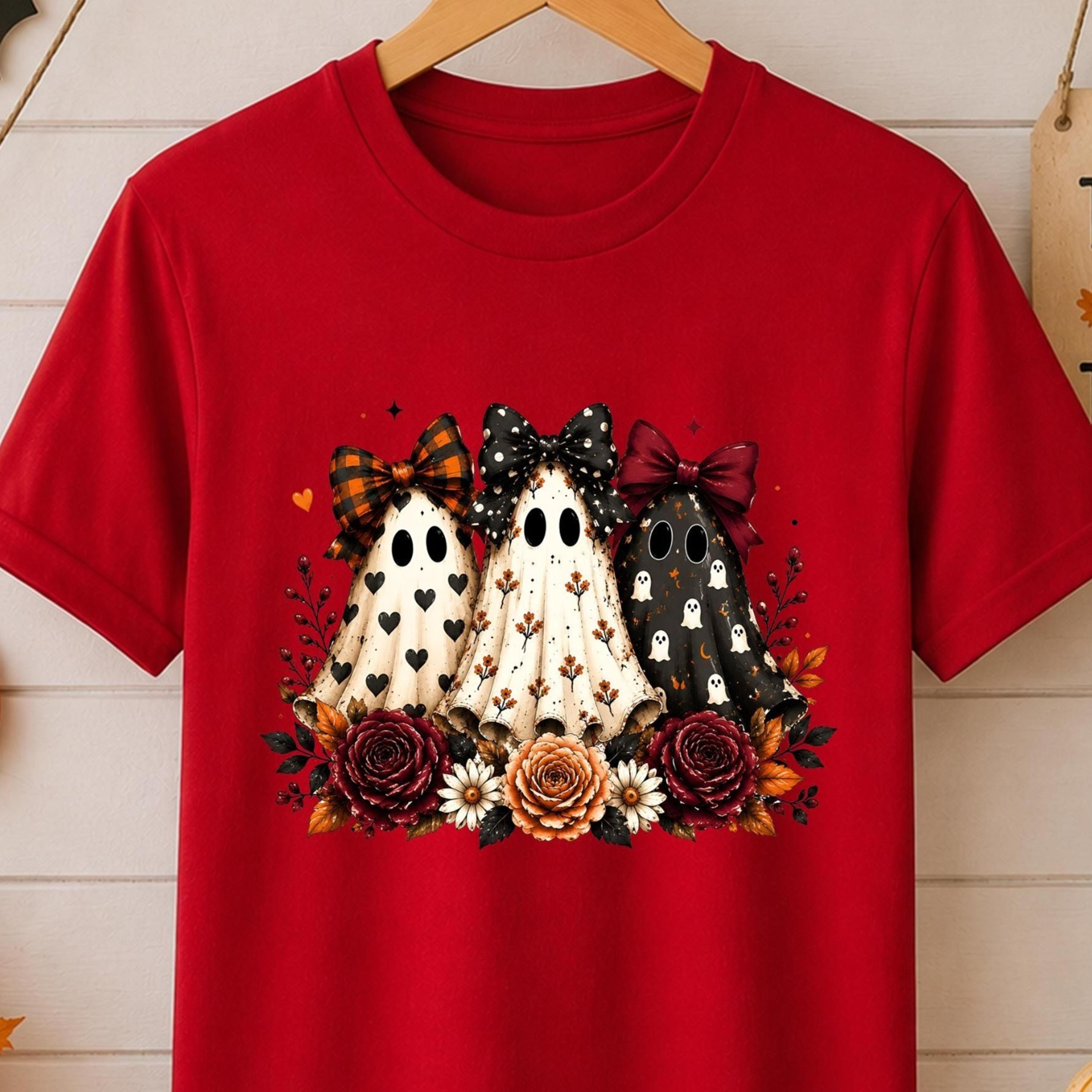 floral ghost halloween shirt, coquette bow ghosts tee, cute spooky season shirt, vintage fall halloween shirt