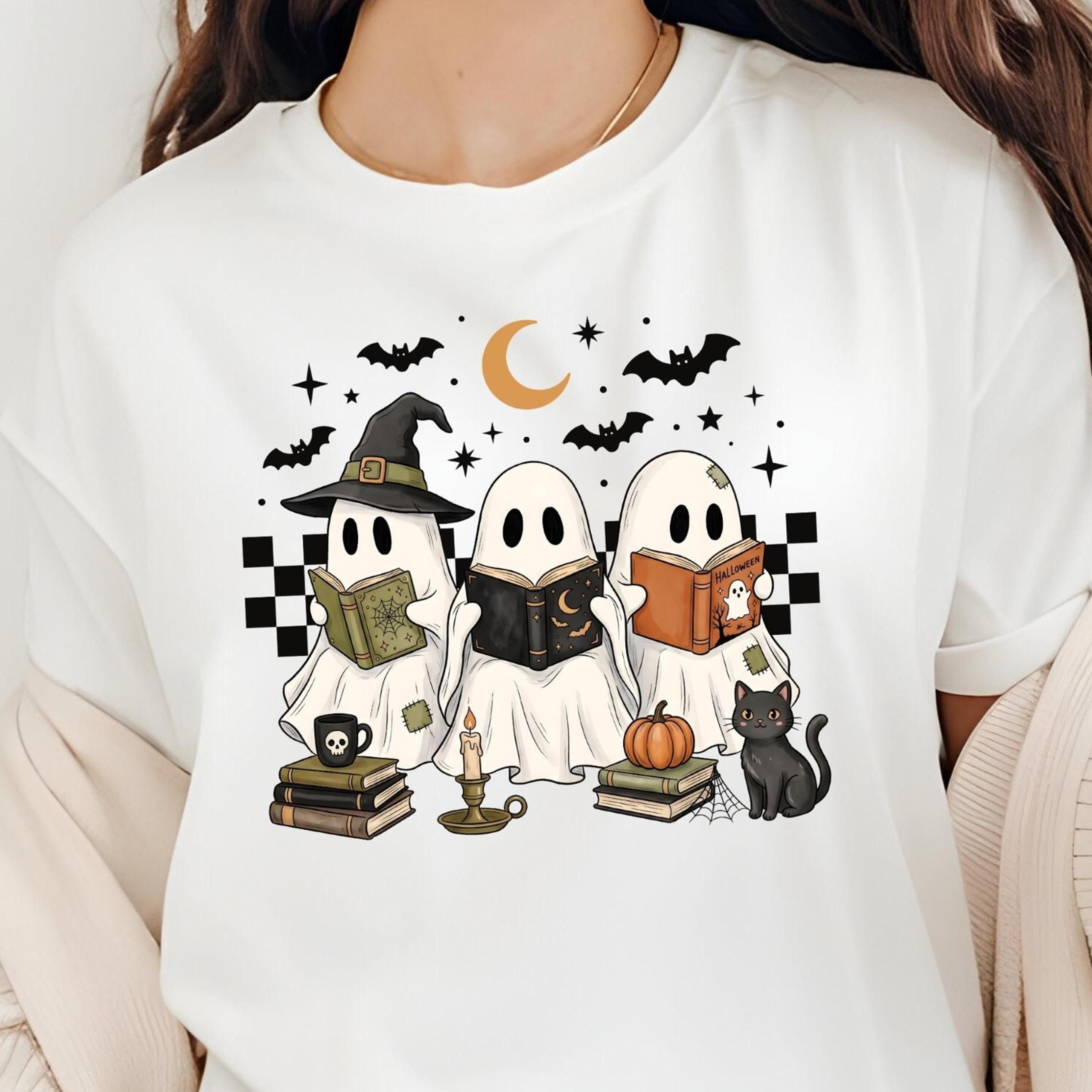 bookish ghost halloween shirt, ghost reading books tee, book lover spooky season shirt