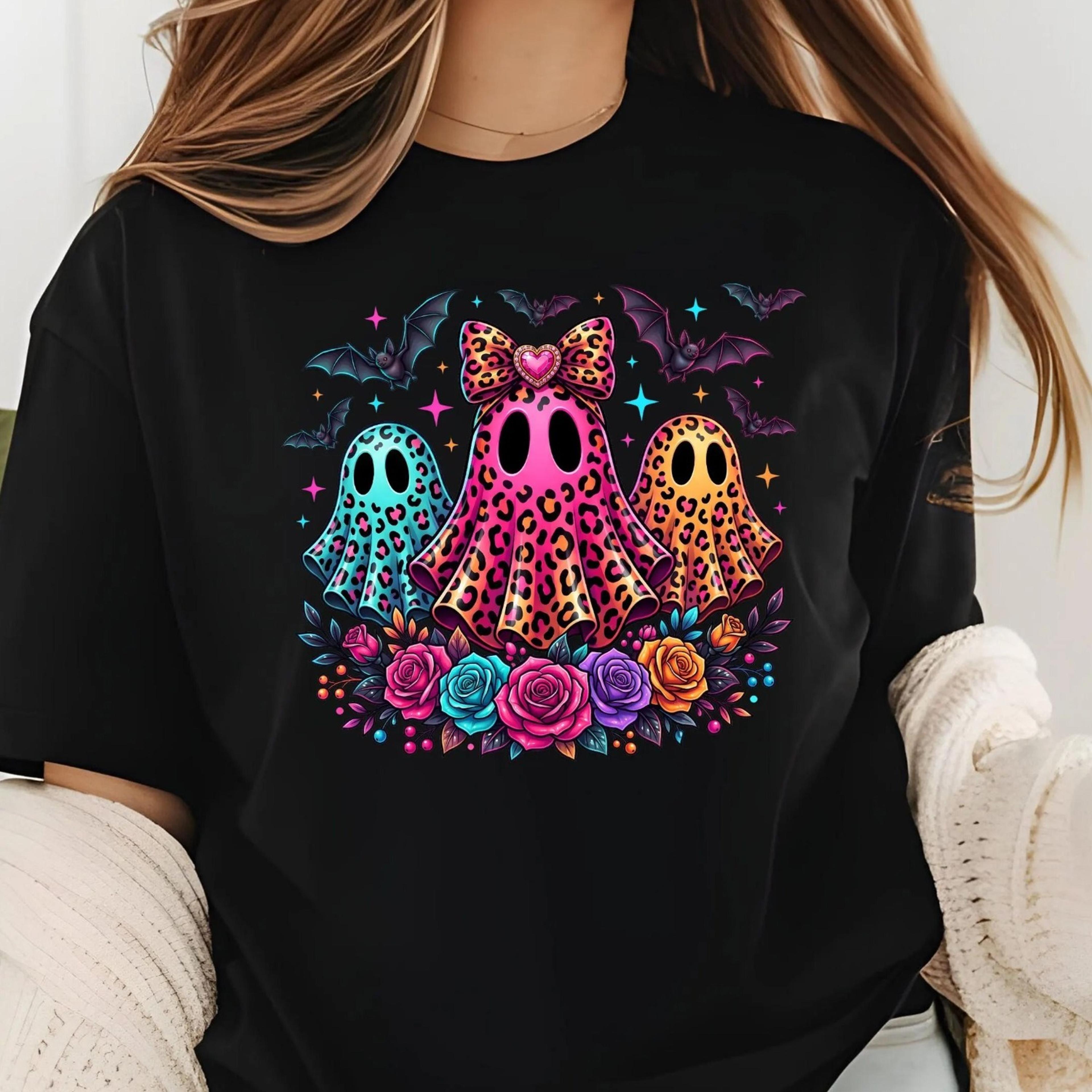 leopard ghost halloween shirt, colorful leopard print ghost tee, cute coquette bow spooky season shirt