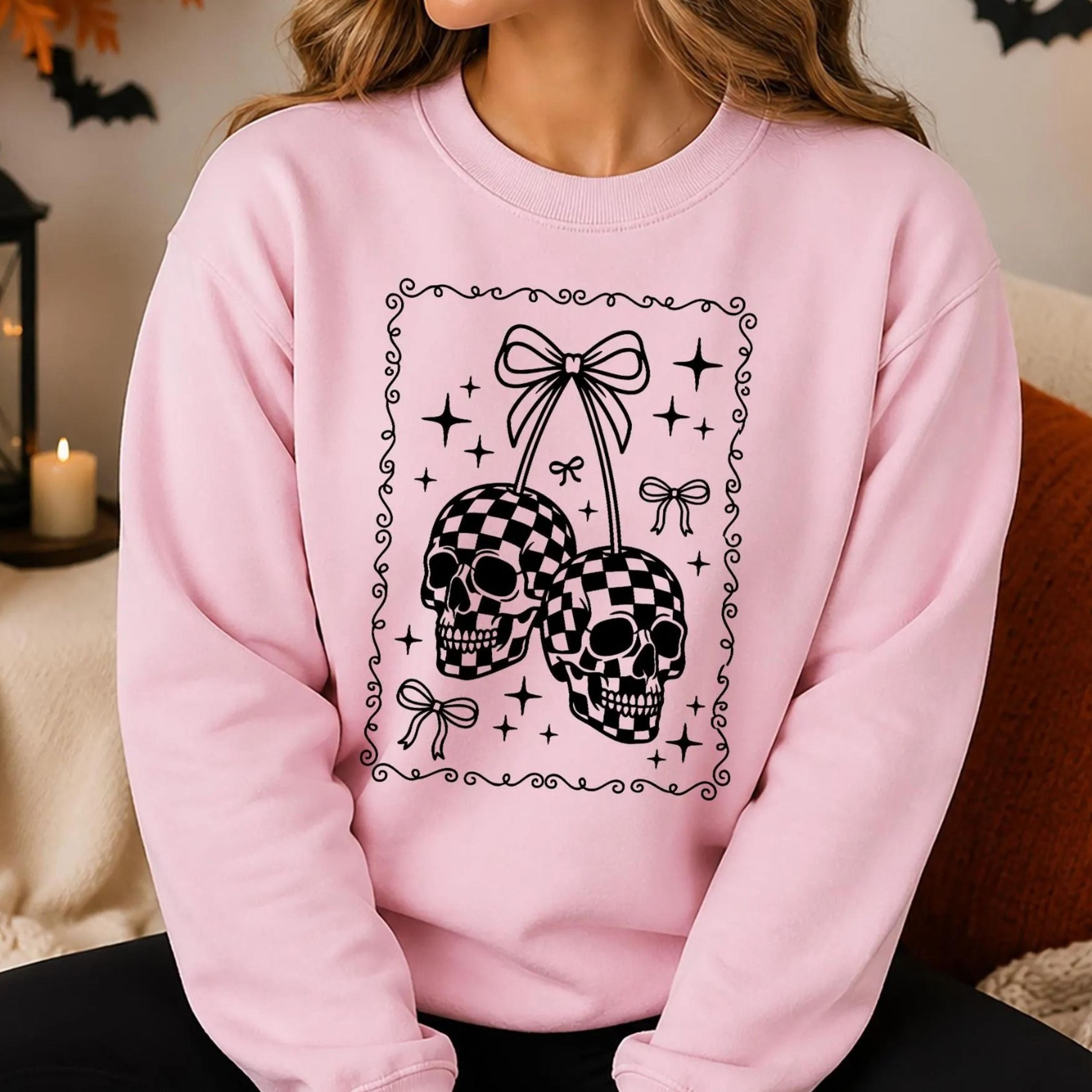 skull cherries halloween sweatshirt, coquette bow checkered skull crewneck, spooky season sweater