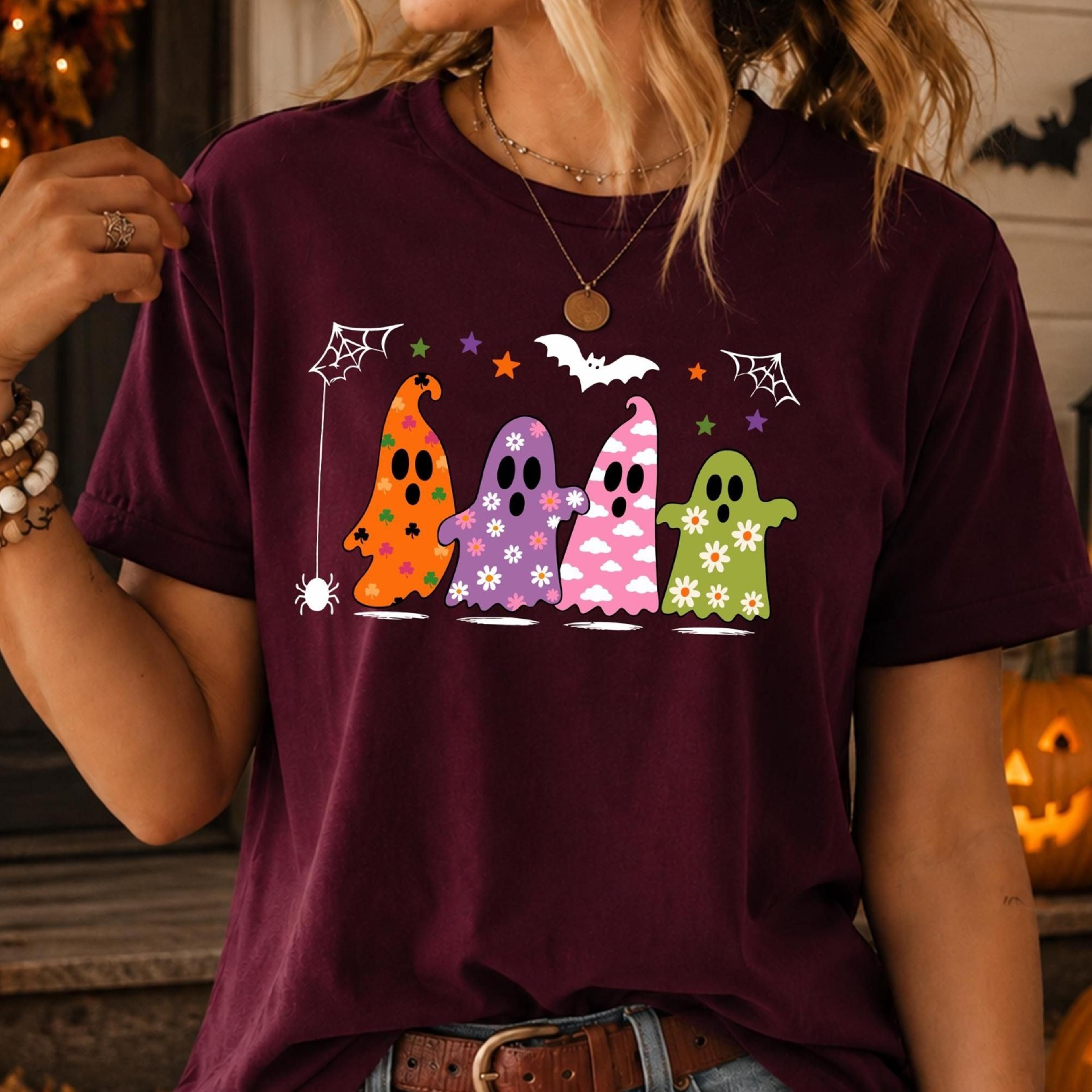 cute ghost halloween shirt, colorful retro ghost tee, floral ghost spooky season shirt, fall halloween tee