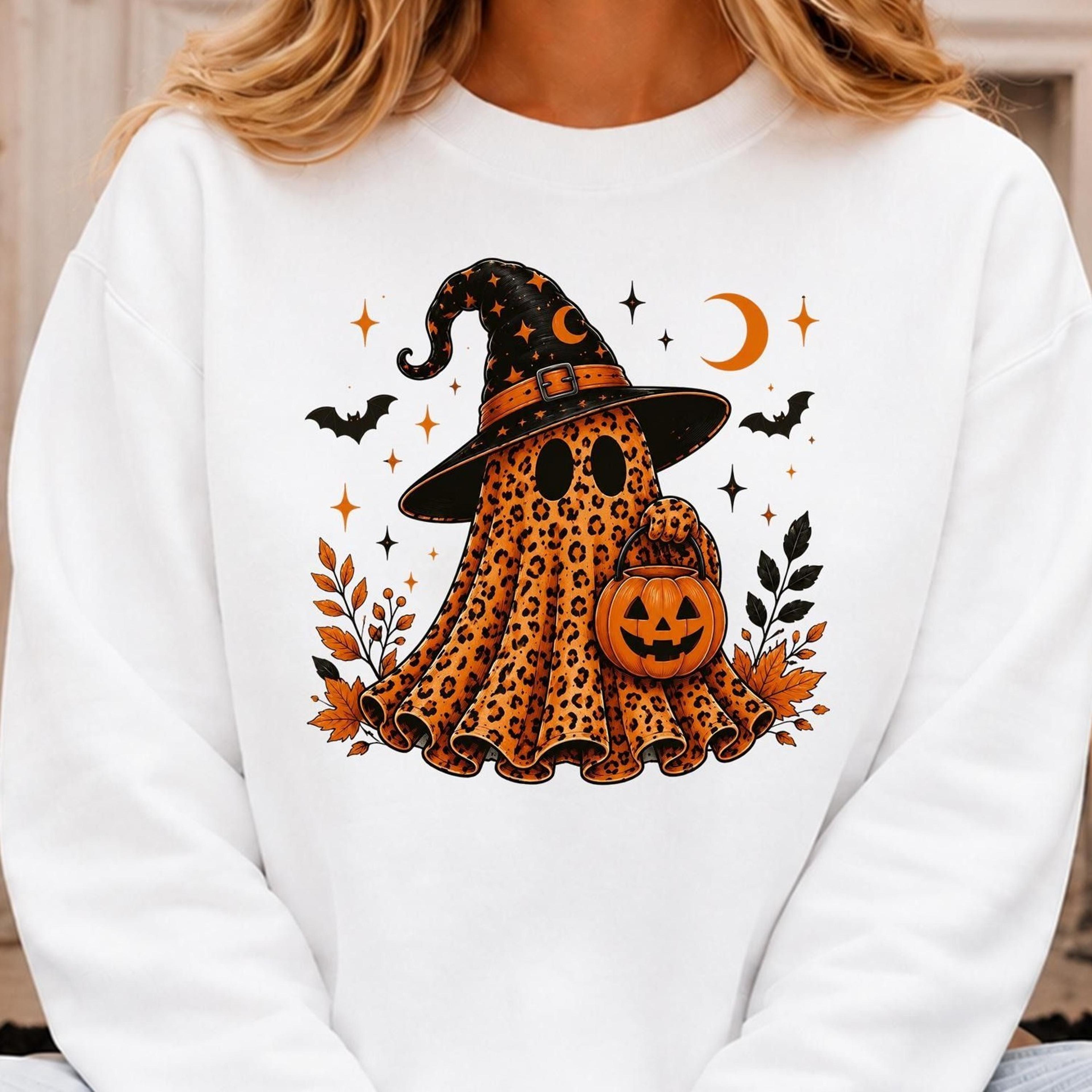 leopard ghost halloween sweatshirt, witch hat ghost crewneck, spooky season sweater, cute leopard print fall halloween