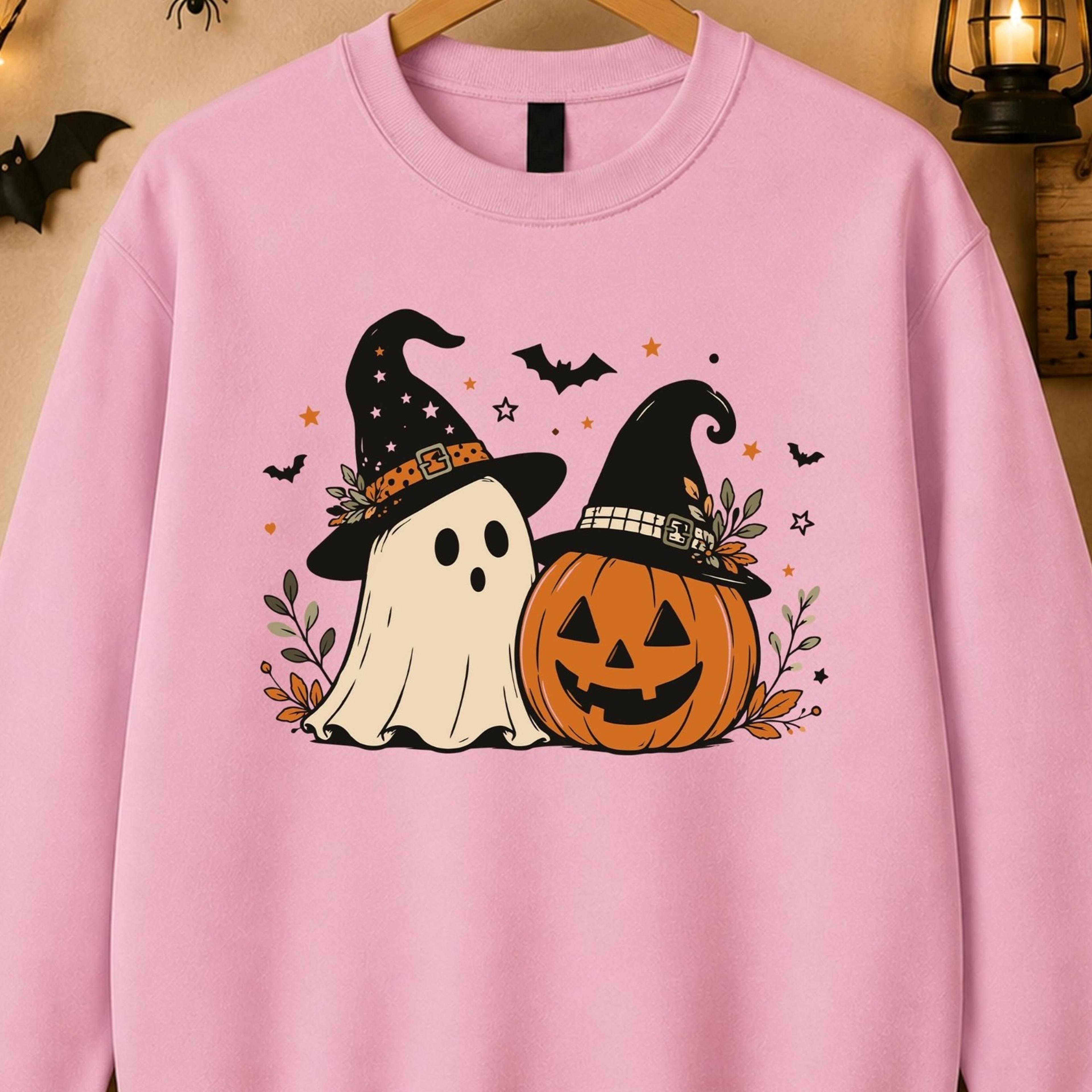 cute ghost pumpkin sweatshirt, witch hat halloween crewneck top, spooky season sweater, fall halloween sweatshirt