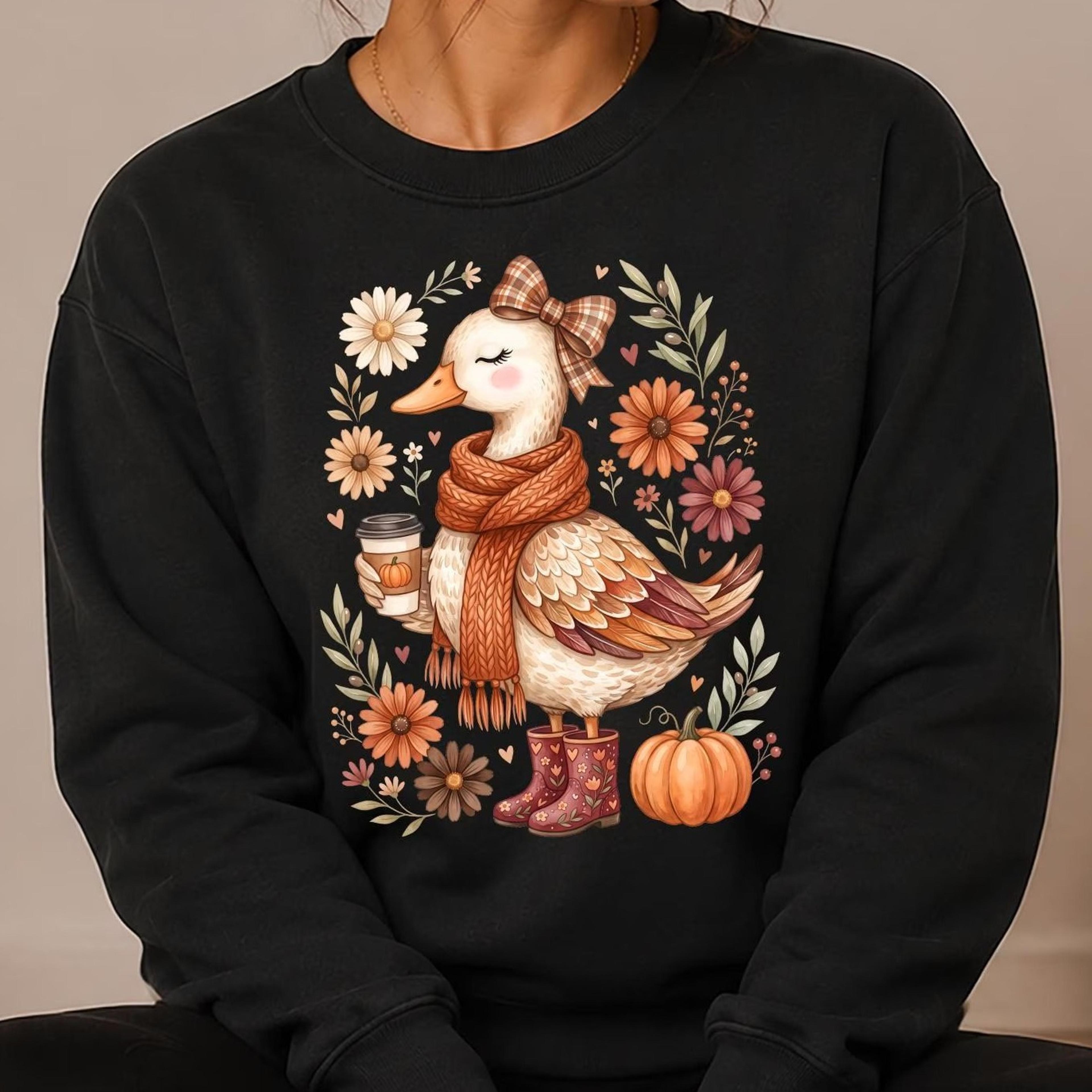 cute fall duck sweatshirt, cozy autumn duck crewneck, pumpkin coffee fall sweater