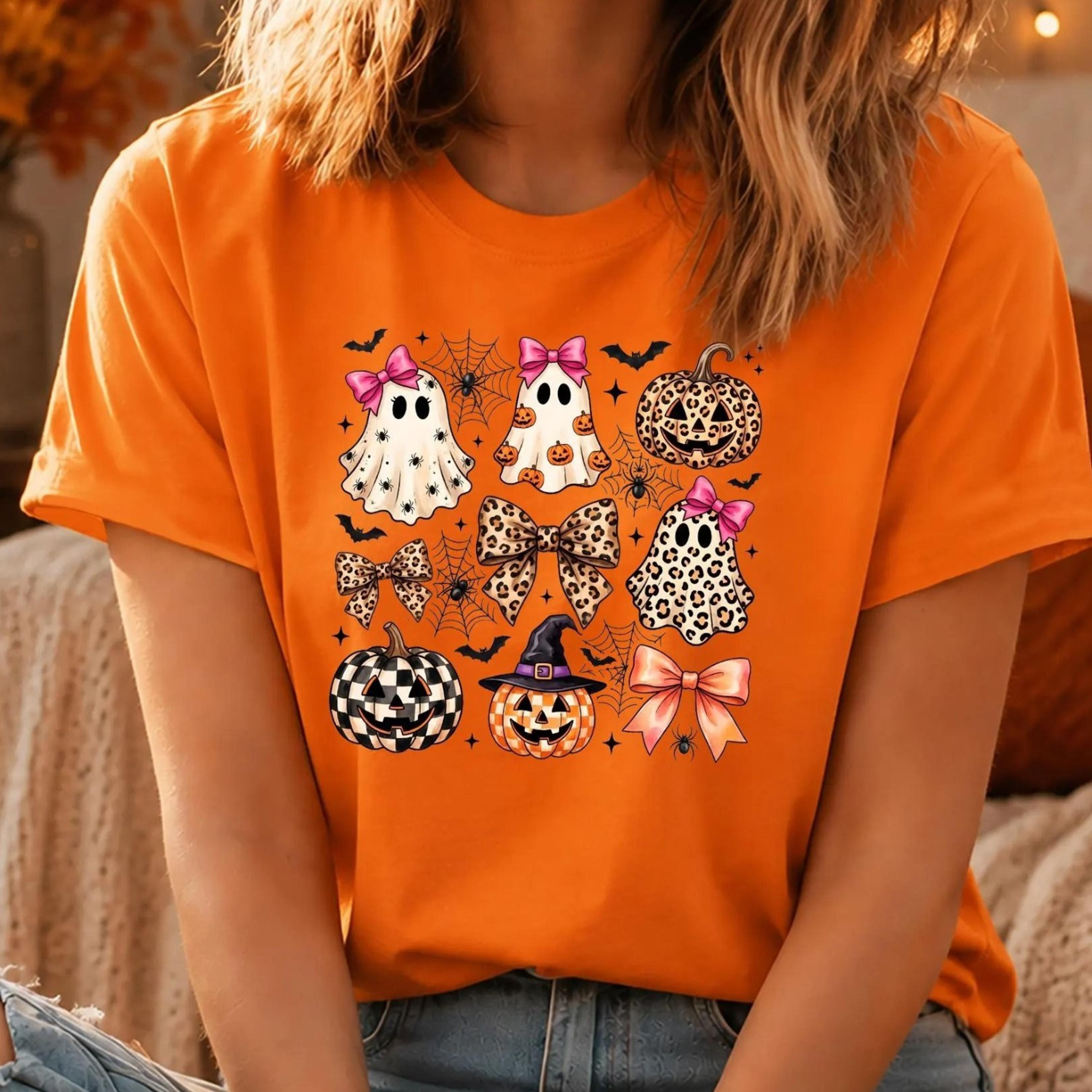 leopard ghost halloween shirt, coquette bow ghost pumpkin tee, cute spooky season shirt, fall halloween tee