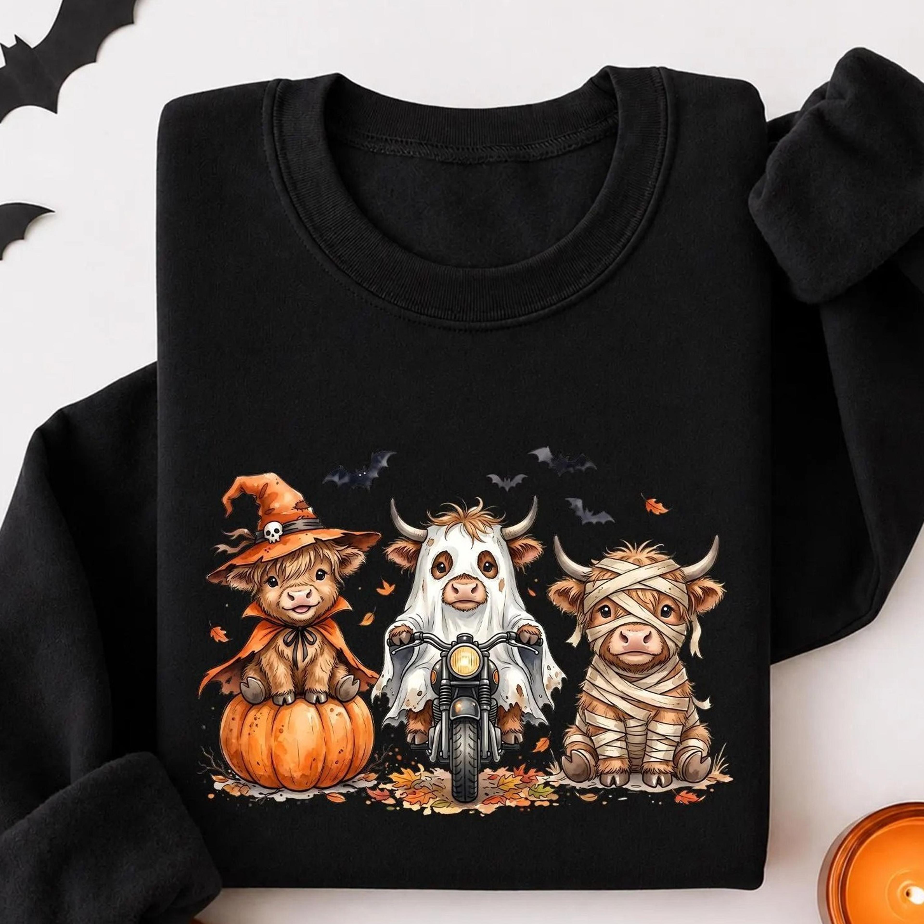 halloween highland cow sweatshirt, cute cow costume crewneck, spooky season cow lover sweater