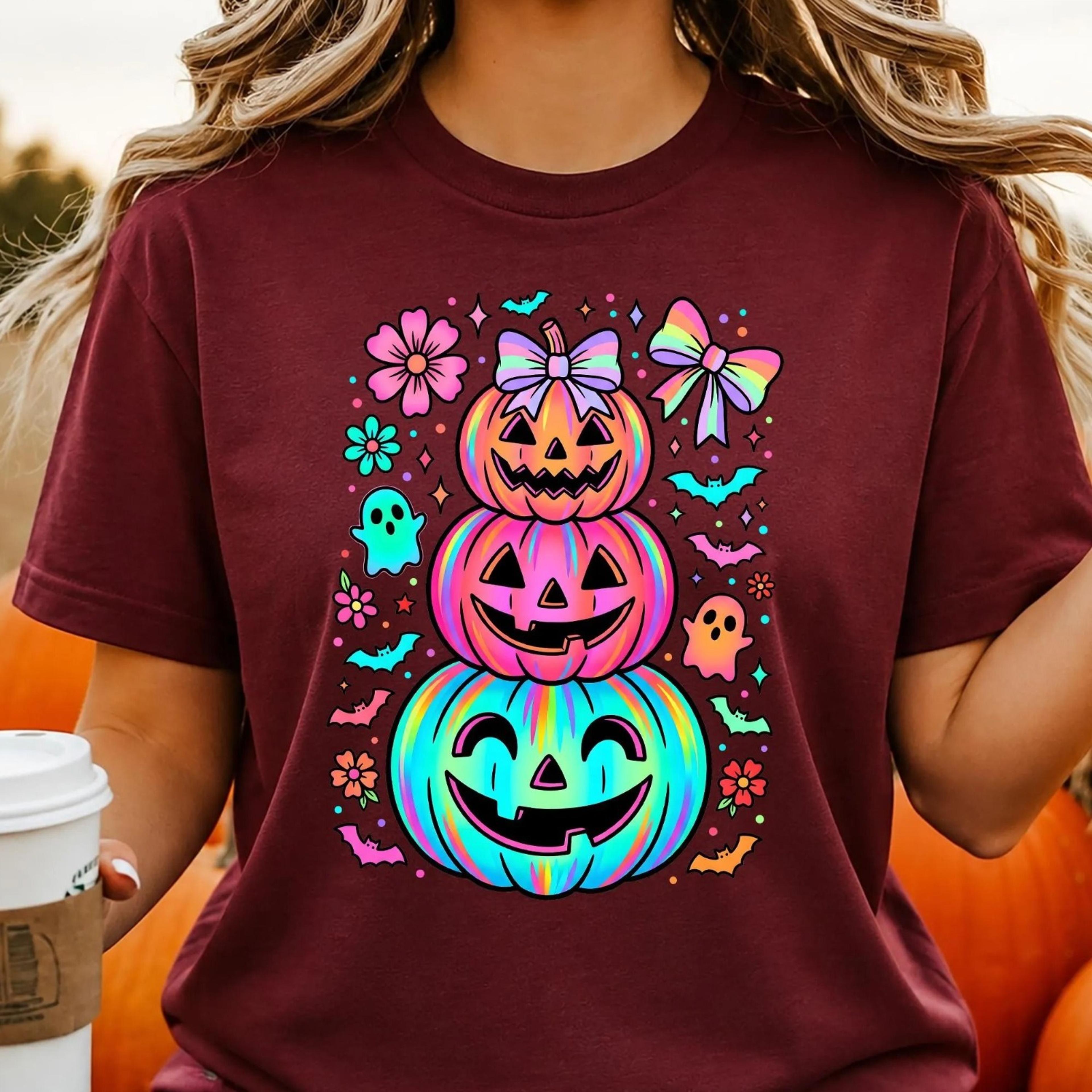 neon pumpkin halloween shirt, colorful jack o lantern tee, cute bright spooky season shirt, fall halloween tee