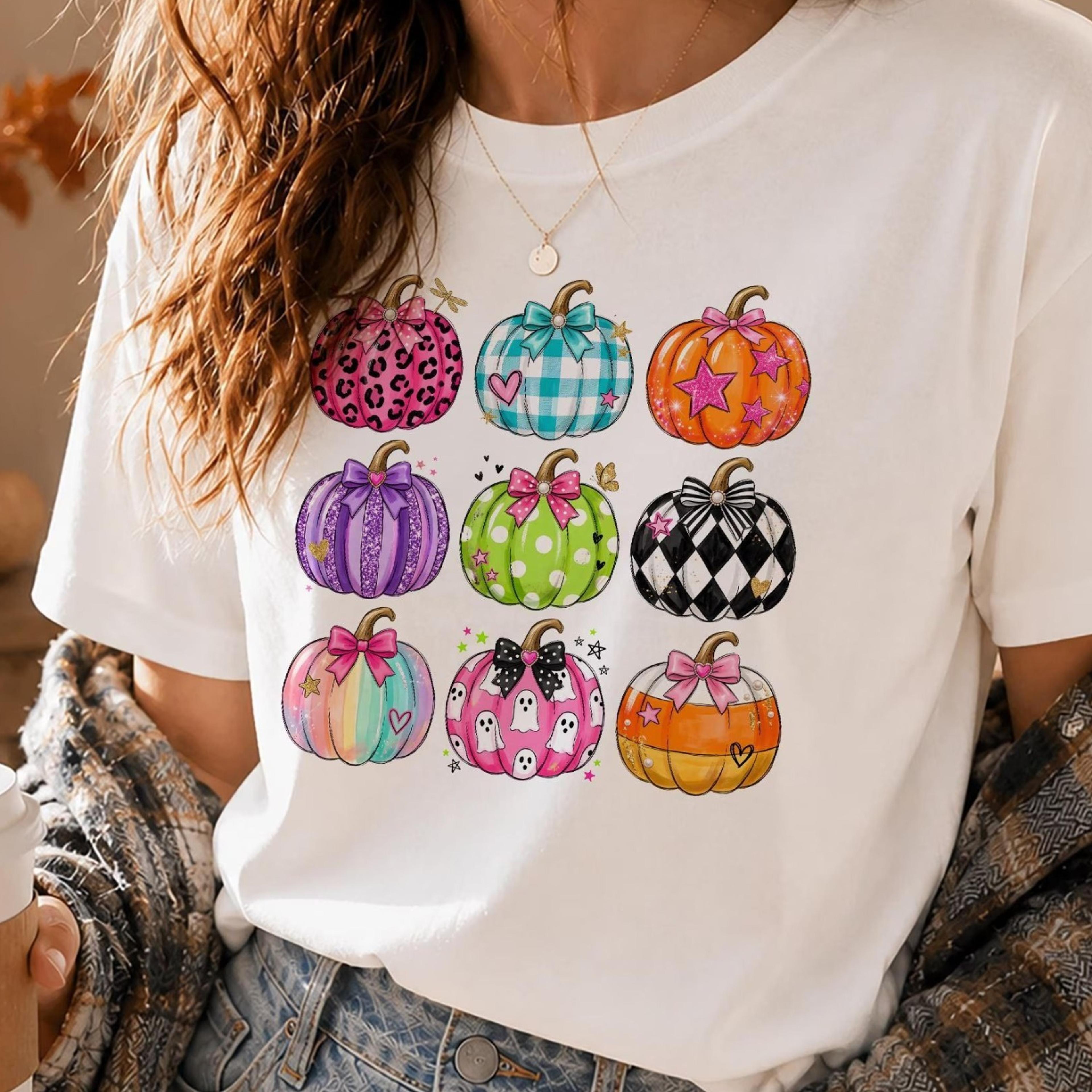 coquette pumpkin halloween shirt, colorful bow pumpkin grid tee, cute bright fall halloween shirt
