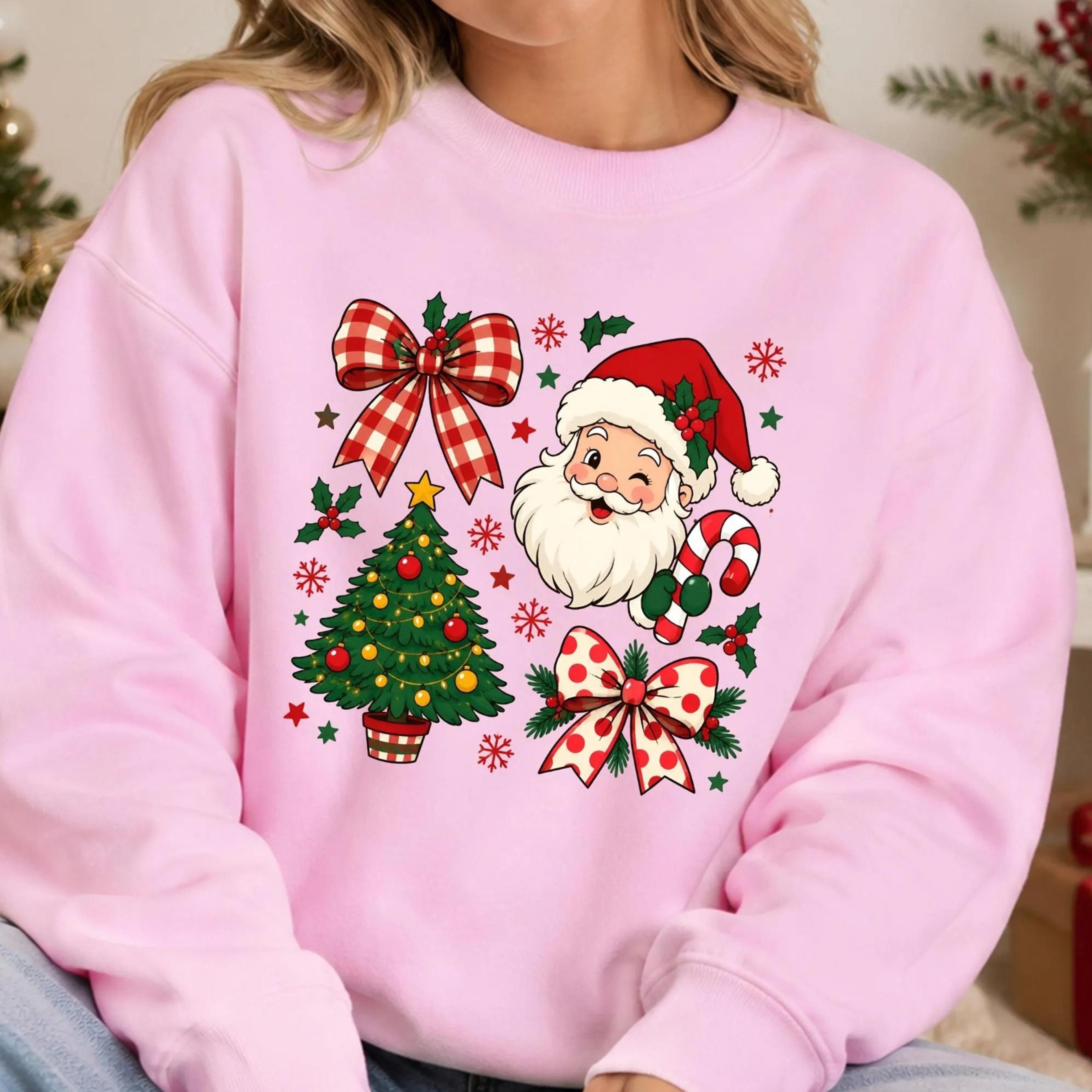 cute santa christmas sweatshirt, coquette bow christmas tree sweater