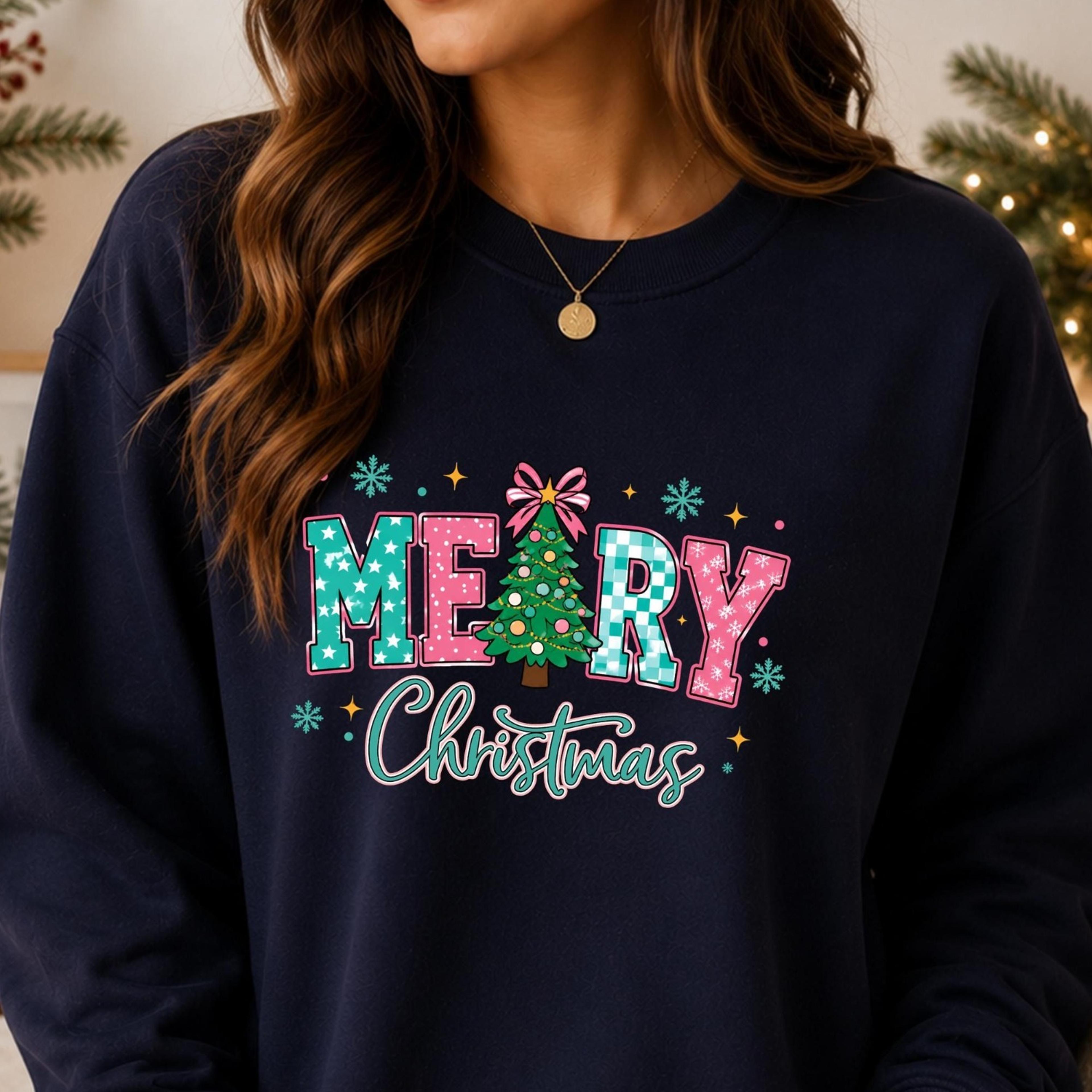merry christmas sweatshirt, pink teal christmas tree sweater