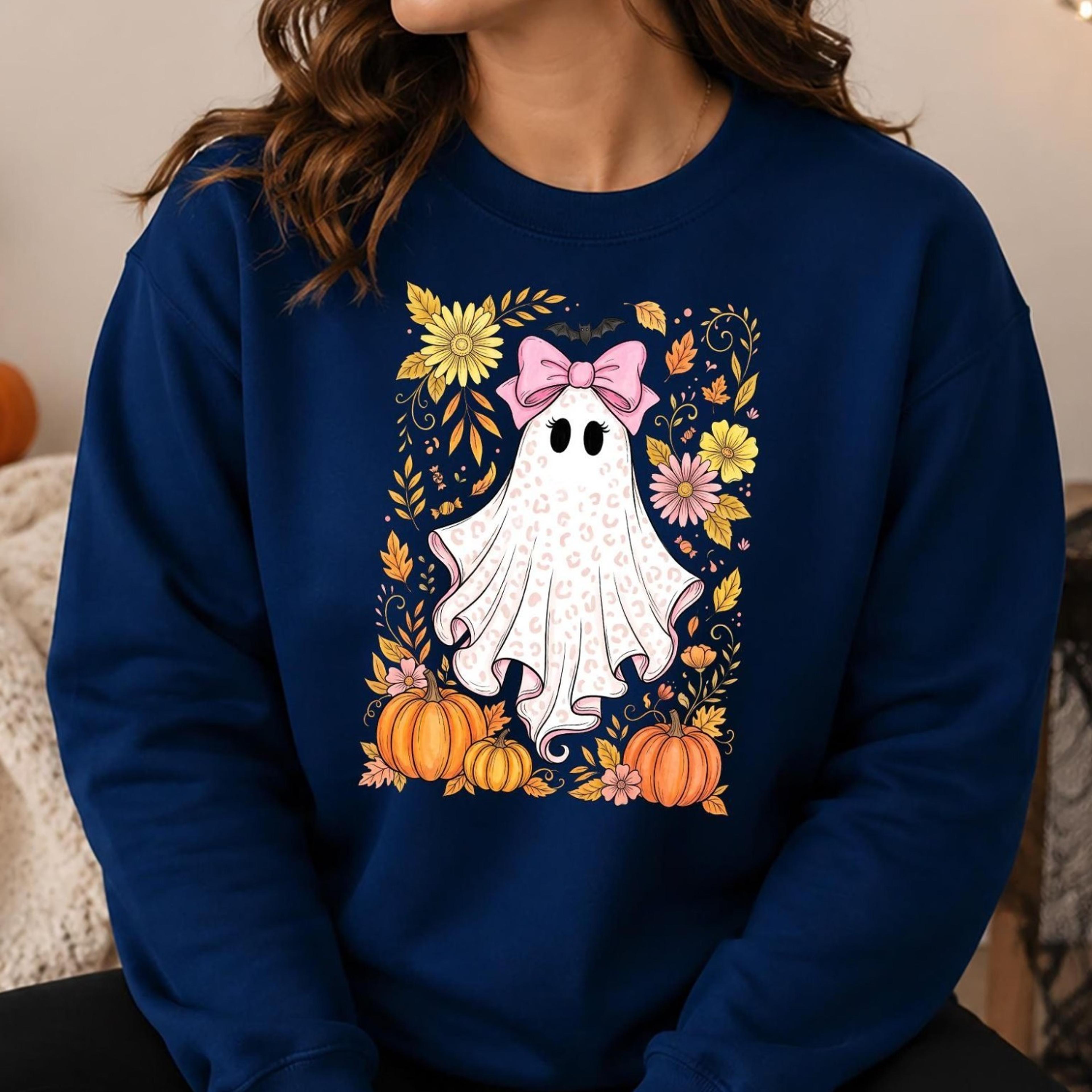 cute ghost halloween sweatshirt, coquette bow leopard ghost sweater