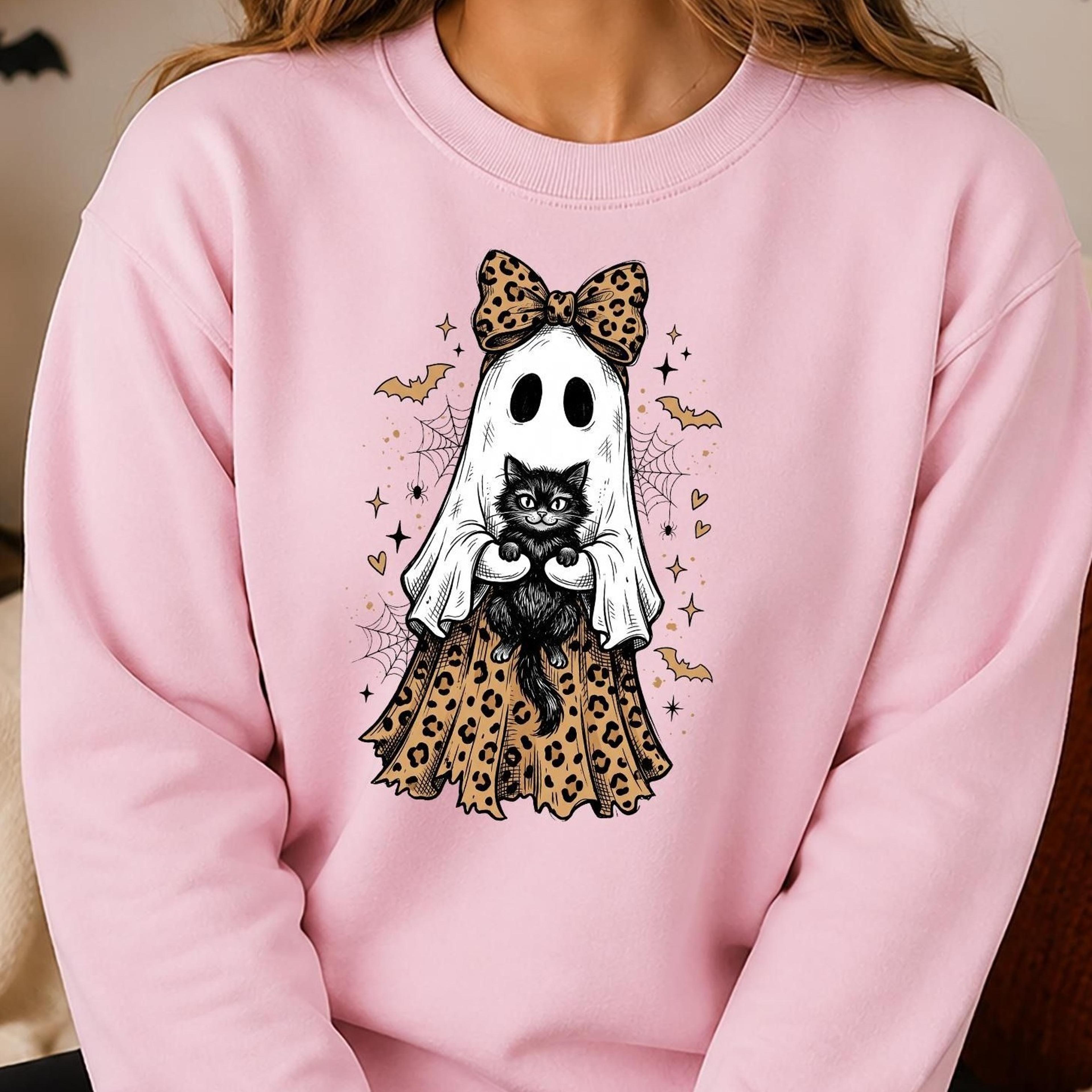 ghost black cat halloween sweatshirt, leopard bow ghost sweater, spooky cat mom crewneck, halloween