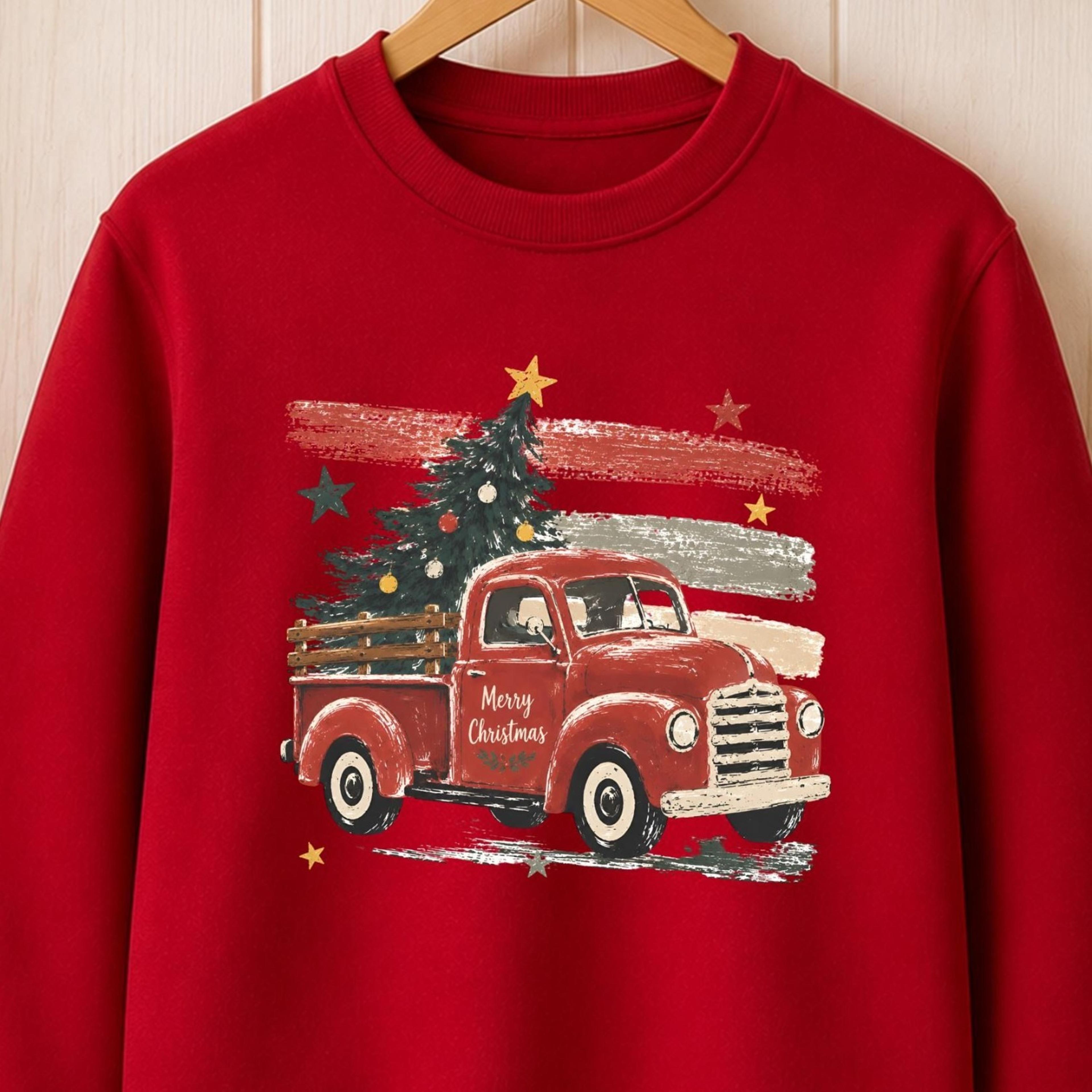 vintage red truck christmas sweatshirt, merry christmas tree truck sweater