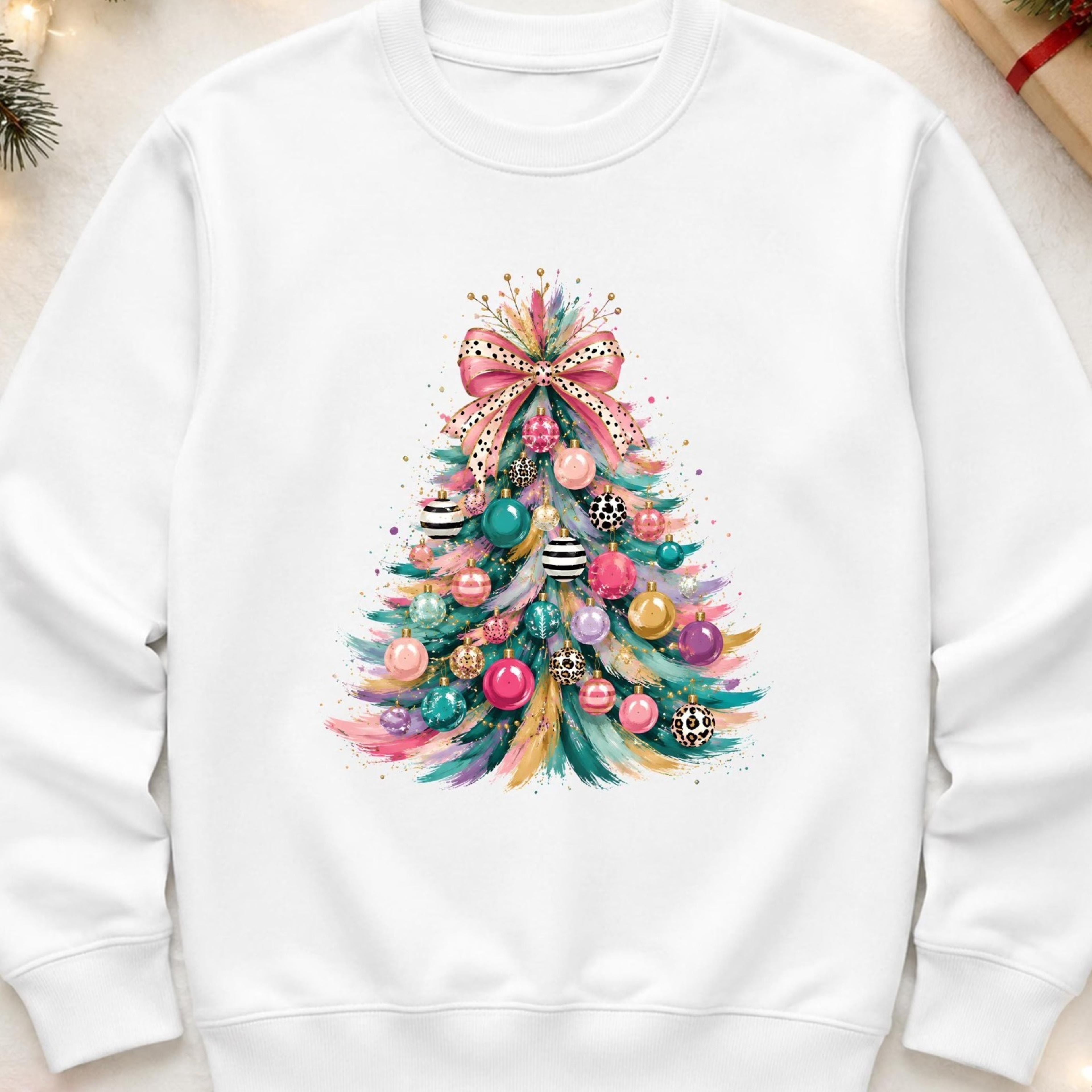 christmas tree sweatshirt, cute christmas crewneck, pink leopard xmas jumper, watercolor tree holiday
