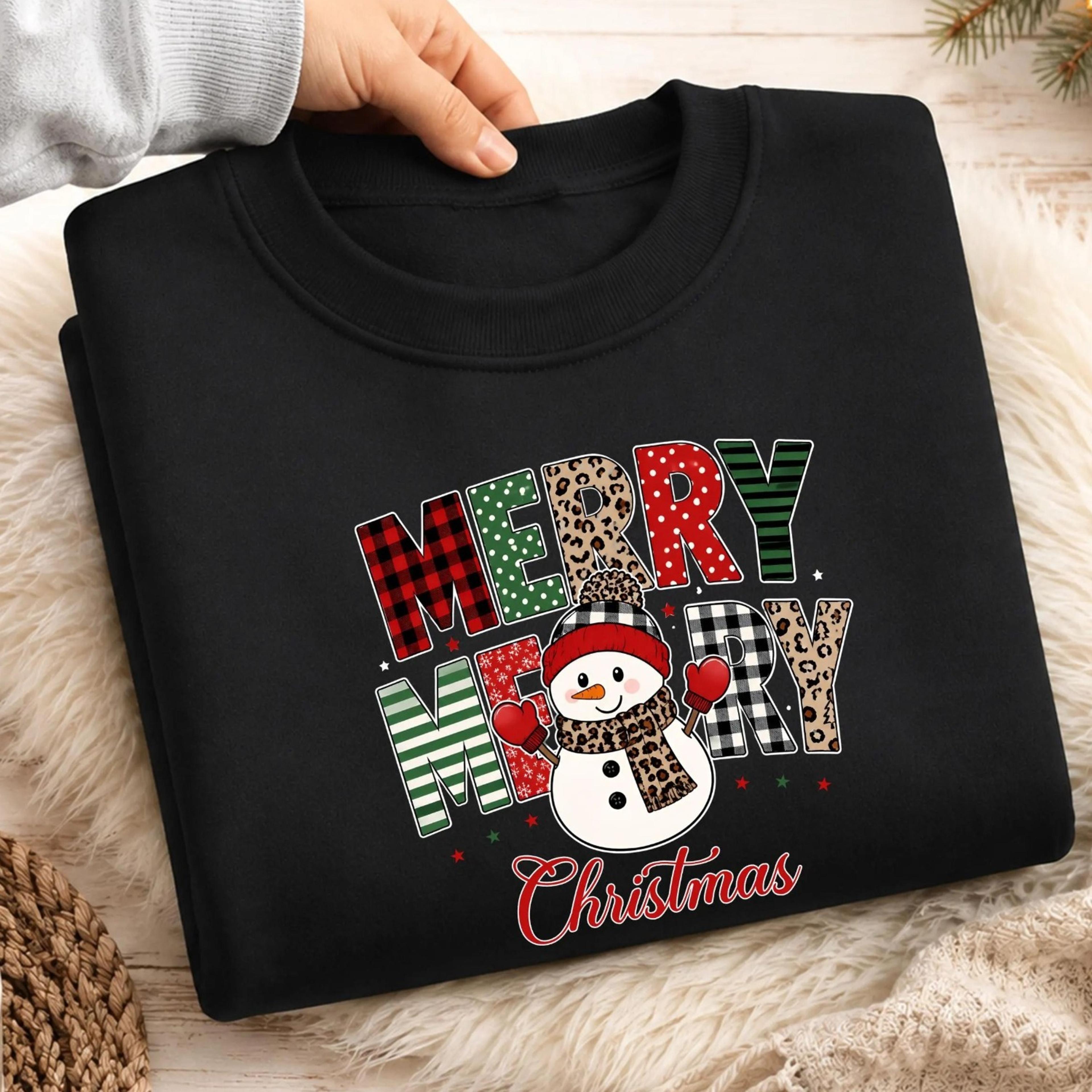 merry christmas sweatshirt, snowman christmas crewneck, leopard plaid xmas sweatshirt, cute christmas