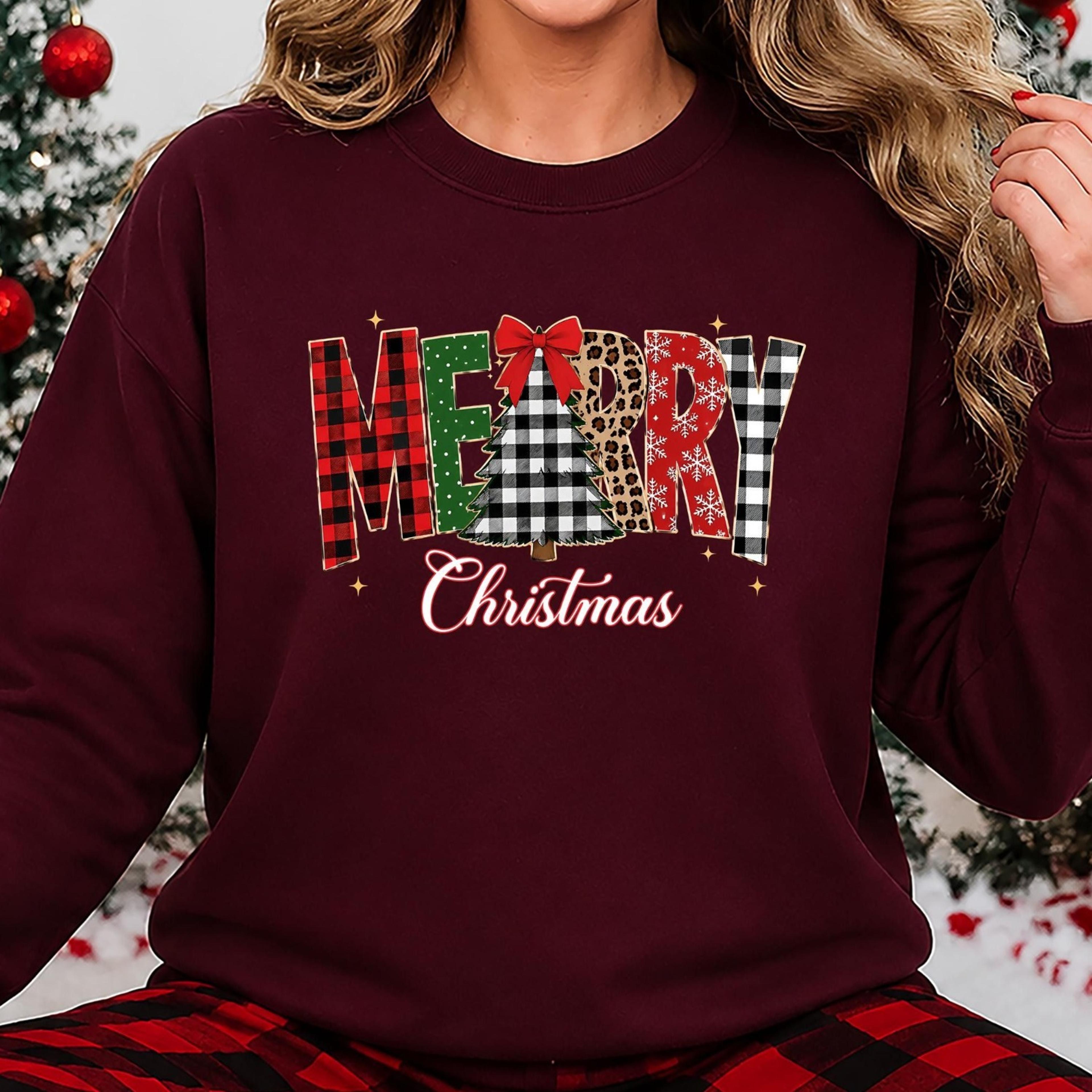 merry christmas sweatshirt, plaid christmas tree crewneck, leopard xmas jumper, cute christmas sweatshirt