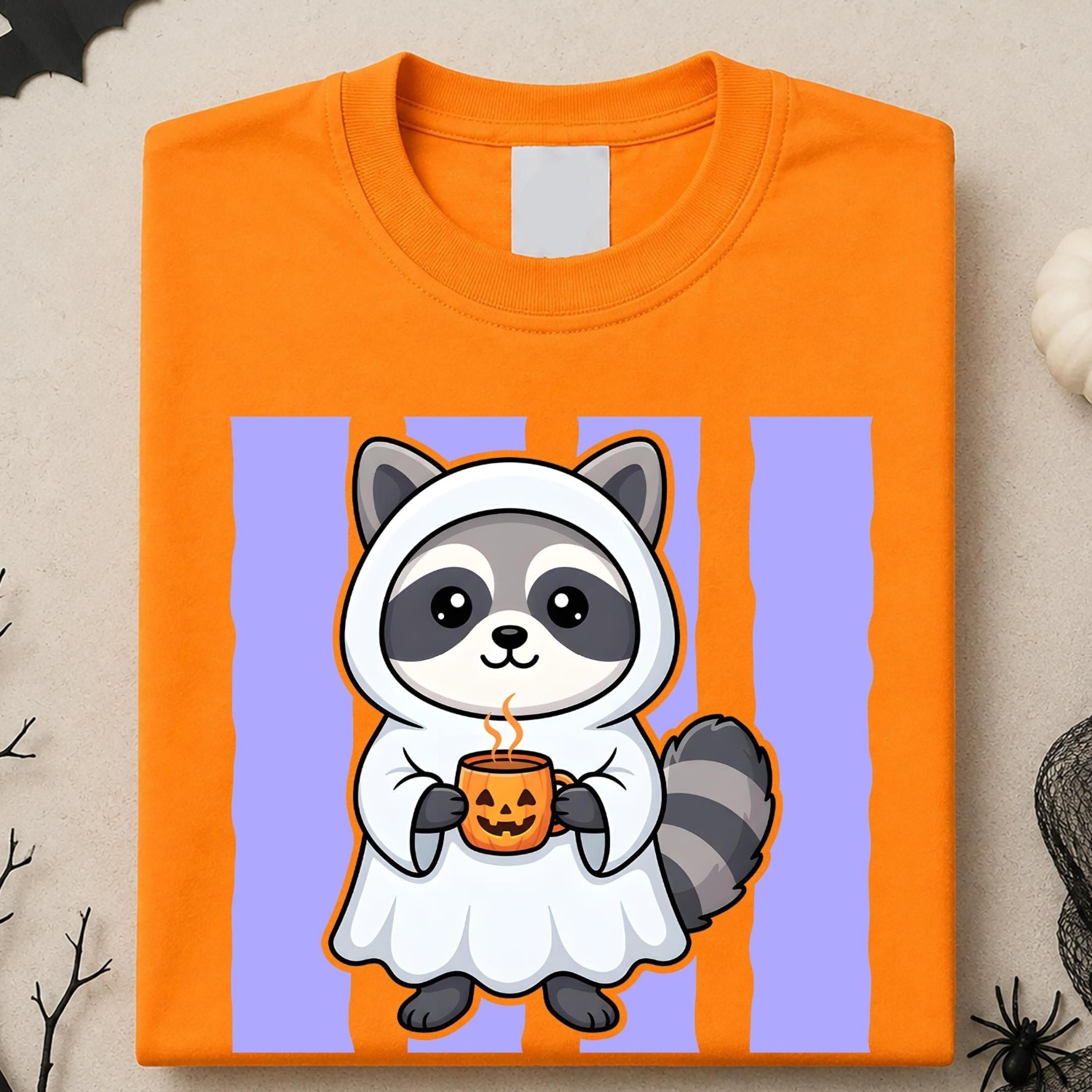 kawaii raccoon ghost shirt, cute halloween raccoon tee, trash panda ghost top, spooky coffee raccoon shirt