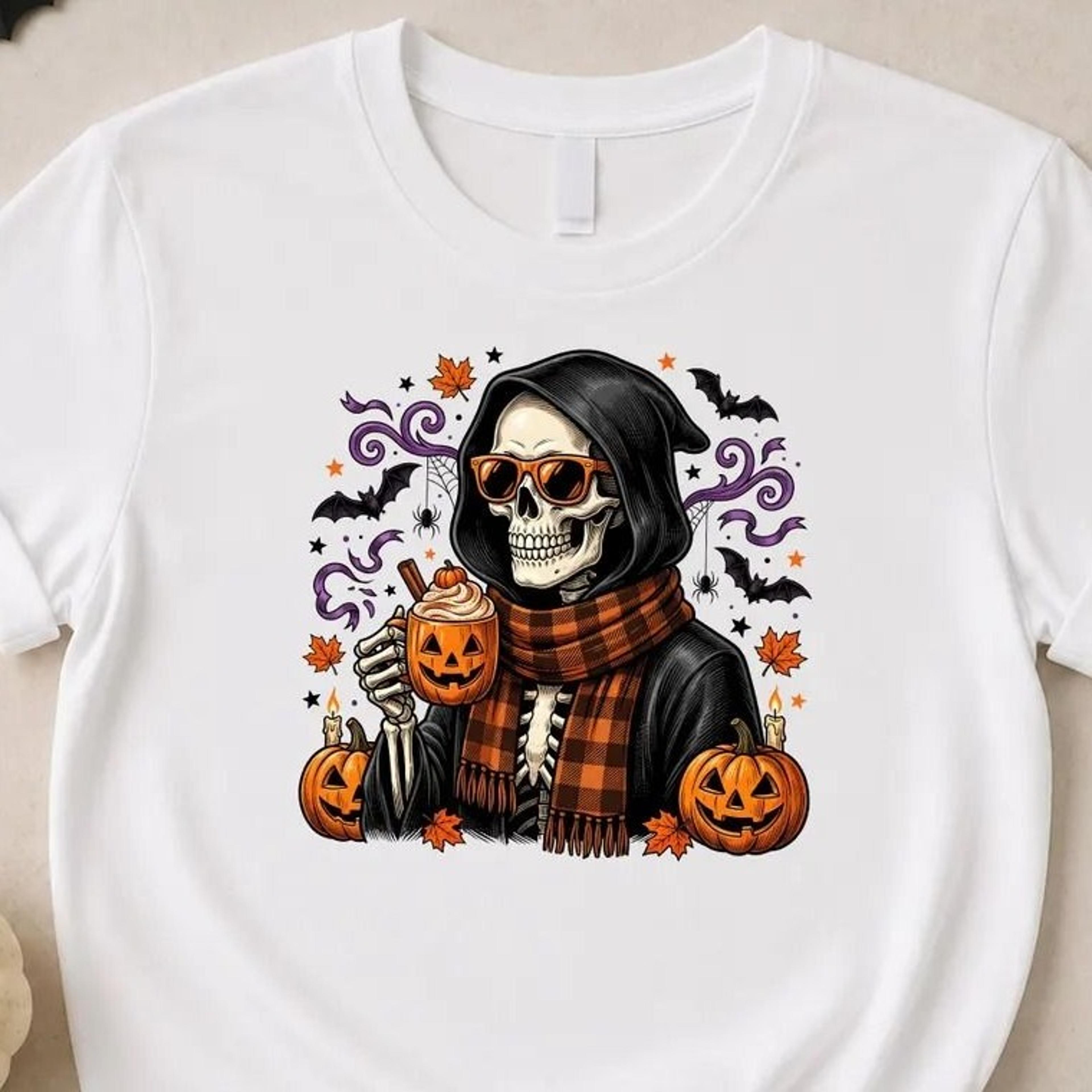 retro skeleton latte shirt, grim reaper coffee tee, spooky pumpkin spice tops, cool skeleton sunglasses shirt