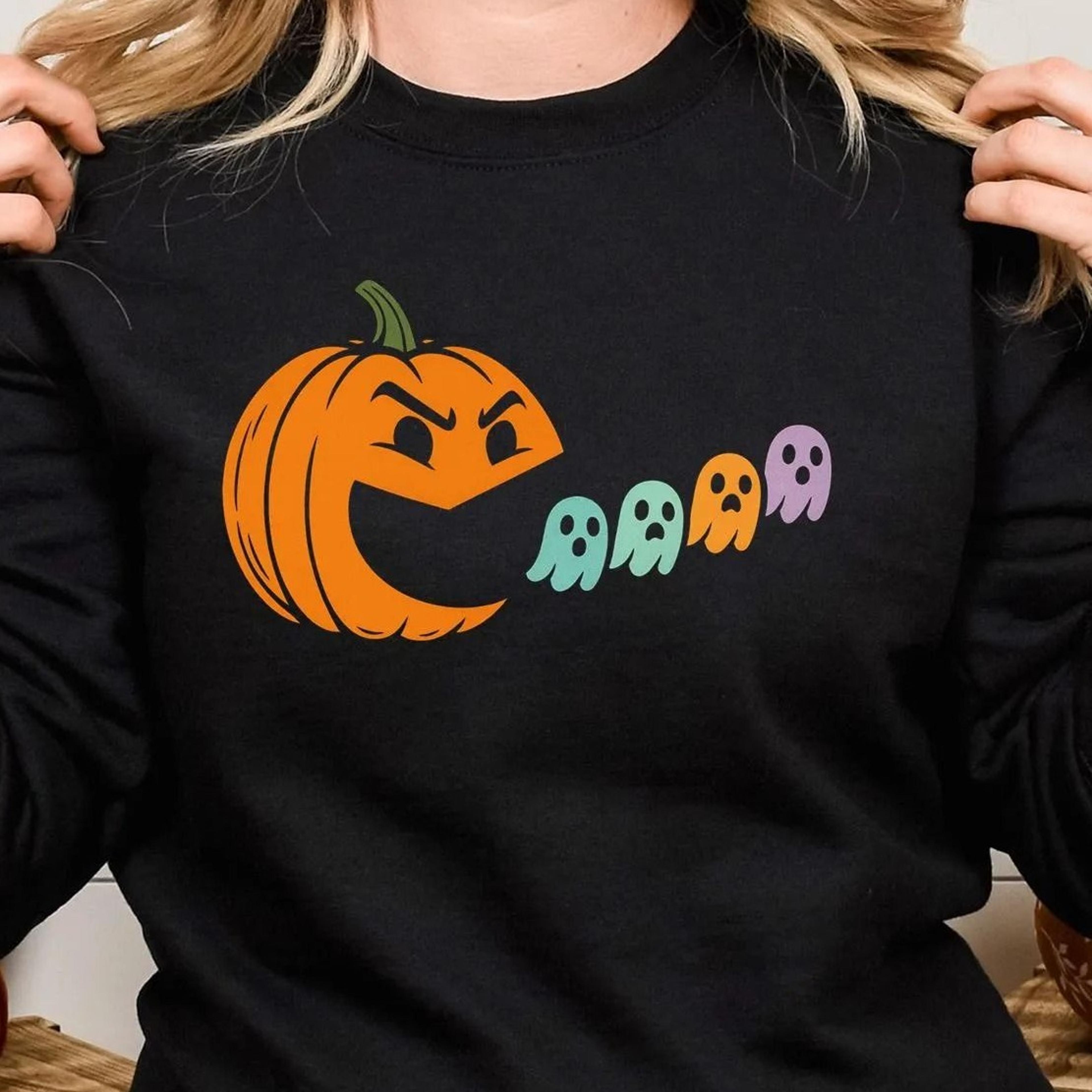 halloween pumpkin ghost sweatshirt, pumpkin eating ghost jumper, trick or treat halloween party